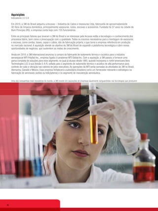 Aquisições
     Indicadores: 2.3 2.9

     Em 2010, a 3M do Brasil adquiriu a Incavas – Indústria de Cabos e Vassouras Ltda, fabricante de aproximadamente
     40 itens de limpeza doméstica, principalmente vassouras, rodos, escovas e acessórios. Fundada há 37 anos na cidade de
     Bom Princípio (RS), a empresa conta hoje com 155 funcionários.

     Entre os principais fatores que levaram a 3M do Brasil a se interessar pela Incavas estão a tecnologia e o conhecimento dos
     processos fabris, bem como a preocupação com a qualidade. Todos os insumos necessários para a montagem de vassouras
     e escovas, como cerdas, bases, capas e cabos, são de fabricação própria, o que torna a empresa referência em produção
     no mercado nacional. A aquisição atende ao objetivo da 3M do Brasil de expandir a plataforma tecnológica e abrir novas
     oportunidades de negócios, que sustentem as metas de crescimento.

     Ainda em 2010, a 3M Internacional anunciou a compra da fabricante de isolamento térmico e acústico para a indústria
     aeroespacial MTI Polyfab Inc., empresa ligada à canadense MTI Global Inc. Com a aquisição, a 3M passou a fornecer uma
     gama completa de soluções para esse segmento, no qual já atuava desde 1965, quando incorporou a norte-americana Aero
     Technologies LCC à sua divisão E-A-R, voltada para o segmento de isolamento térmico e acústico de alta performance para
     controle de ruído e vibração nas cabines de jatos executivos. As operações da MTI serão somadas às atividades da 3M no Brasil,
     Alemanha, Canadá e México. Essa empresa fortalecerá a subsidiária brasileira como um fornecedor relevante e estratégico na
     fabricação de aeronaves (aviões ou helicópteros) e no segmento de manutenção aeronáutica.

     Uma das companhias mais inovadoras do mundo, a 3M investe em aquisições de empresas igualmente vanguardistas nas tecnologias que produzem




10
 