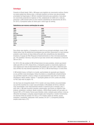 Estratégia

Presente no Brasil desde 1946, a 3M segue uma trajetória de crescimento contínuo. Dentro
do cenário global dos últimos anos, o mercado brasileiro se tornou uma das principais
prioridades da Organização. A 3M tem investido fortemente para sustentar o novo plano
de crescimento acelerado de negócios no País, estabelecido em 2009 com a meta de
posicionar a 3M do Brasil entre as cinco maiores subsidiárias em faturamento até 2012.
Em 2010, a Companhia saltou do oitavo para o sexto lugar do ranking.

Subsidiárias com maiores contribuições de vendas

2009                                           2010
Japão                                          Japão
China                                          China
Alemanha                                       Coreia
Reino Unido/Irlanda                            Alemanha
França                                         Reino Unido/Irlanda
Coreia                                         Brasil
Canadá                                         França
Brasil                                         Canadá
Taiwan                                         Taiwan
Itália                                         Itália



Para atingir esse objetivo, a Companhia se valerá da sua principal estratégia: inovar. A 3M
Global possui hoje 46 plataformas tecnológicas que permitem desenvolver os mais diversos
produtos e pelo menos um terço delas já faz parte das competências dos laboratórios
brasileiros. A equipe de P&D (Pesquisa & Desenvolvimento) no País é formada atualmente
por 140 cientistas e técnicos, mas prevê-se que esse número deva ultrapassar a marca de
280 em 2015.

Em 2010, 24% das vendas da 3M do Brasil vieram de novos produtos, número que deverá
saltar para 40% em 2015. Dessa forma, a Companhia aposta no crescimento orgânico de
seus negócios por meio do desenvolvimento de produtos que criem valor e diferencial para
seus clientes nos mais diversos segmentos. Em 2010, a 3M do Brasil lançou 75 novos itens.

A 3M também busca, no Brasil e no mundo, oportunidades de aquisição que integrem
ao seu portfolio novas tecnologias, linhas de produto ou competências complementares
que permitam expandir a marca e atingir um posicionamento mais forte em mercados
estratégicos. Nesse sentido, realizou 11 aquisições globais em 2010, sendo uma delas
no País (veja mais na página 10).

Um dos focos da Companhia desde 1910 é manter com seus clientes uma proximidade
que permita incentivá-los a expor suas prioridades e dificuldades de forma a detectar
suas necessidades. Esse relacionamento estreito é essencial para a inovação, pois, a
partir dele, a 3M pode encontrar soluções customizadas, que tornem os negócios mais
práticos, produtivos e rentáveis. Nesse contexto, a 3M do Brasil mantém em sua sede, em
Sumaré (SP), o CTC (Centro Técnico para Clientes), onde o visitante pode verificar in loco as
diferentes tecnologias e soluções proporcionadas pela Companhia e receber treinamentos
em diversas linhas de produto. Em 2010, o CTC recebeu visitas de clientes, grupos,
entidades e estudantes, totalizando 4.687 pessoas. Em 2011, a Companhia pretende
ampliar ainda mais o CTC.




                                                                                            3M Relatório Anual de Sustentabilidade 2010   13
 