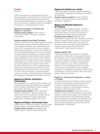 Produtos                                                       Negócios de Cuidados com a Saúde
Indicador: 2.2                                                 A 3M é líder global no mercado de produtos hospitalares
                                                               e odontológicos, distribuição de medicamentos e sistemas
A 3M do Brasil possui um amplo portfolio a partir dos          de informações.
quais comercializa 14 mil itens. No país, 70% dos produtos     Principais marcas e produtos: 3M Unitek, 3M ESPE,
comercializados são provenientes de manufatura local.          Littmann®, Clean Trace, CavilonTM, Placas PetrifilmTM,
Esses produtos estão alocados sob seis grupos de negócios      ScotchcastTM, TegadermTM.
que, além de buscarem novidades, definem as estratégias
de marketing e a comercialização das marcas.                   Negócios em Mercados Industriais e
                                                               de Transporte
Negócios de Consumo e Produtos para                            Este grupo abrange produtos inovadores como fitas,
Papelaria e Escritório                                         abrasivos, adesivos, materiais especiais e sistema de
Principais marcas e produtos: Post-it®, Scotch®,               filtração para diversos mercados, do automotivo ao
Scotch-BriteMR, Filtrete™, NexcareMR, CommandMR                aeroespacial, de energias renováveis à eletrônica.
e ScotchgardMR.                                                Principais marcas e produtos: Fitas VHBMR, fitas
                                                               Scotch-MountMR, adesivos Jet-MeltMR, produtos em aerossol,
Destaque ambiental: Curauá PonjitaMR by Nexcare                adesivos & selantes, adesivos líquidos e à base d'água,
Lançada em 2009, trata-se da primeira esponja do mercado       adesivos estruturais Scotch-WeldTM, fitas dupla-face,
feita com fibras naturais da Amazônia obtidas a partir do      fita crepe, fita silver tape, fitas de proteção, fitas para
Curauá (Ananás erectifolius), uma bromeliácea típica do        flexografia, fechos reposicionáveis Dual-LockMR
oeste do Pará. A esponja possui uma série de atributos         e ScotchmateMR, fitas de adesivo transferível.
sustentáveis com relação às marcas comuns. Reduziu em
44% a necessidade de matéria-prima, tanto na produção          Destaque ambiental: Fitas
da esponja quanto das embalagens, e, portanto, diminuiu        A 3M do Brasil fabrica duas soluções com atributos
em 32% a geração de resíduos sólidos na fabricação. Do         sustentáveis: a Fita Esticável e o Equipamento Aplicador
total de matéria-prima, 40% provém de fonte renovável.         de Fita Adesiva FL 360. A primeira possibilita a redução
A esponja também aumentou em 200% o uso de material            do volume de resíduo em até 90%, seja com aplicação
reaproveitado, com a adição de fibras de PET e utilização      manual ou automática. Isso implica na diminuição de
de caixas de papelão para o transporte, ambos 100%             custos e desperdício, já que, devido à característica
reciclados. Elevou, ainda, em 30% a produtividade fabril       esticável, uma menor quantidade de fita é necessária
devido ao seu design inovador, que permite um melhor           no processo de compactação das cargas. A segunda,
aproveitamento da manta de fibra, além de ter reduzido         indicada para o fechamento de caixas tipo “tampa e fundo
em 52% o consumo energético no processo produtivo.             ou telescópicas”, substitui as fitas de arquear, sem gerar
O produto é sucesso no mercado nacional e internacional,       perdas e resíduos de materiais.
com indicadores de significativo crescimento de vendas.
                                                               Negócios e Serviços para Segurança, Limpeza
Negócios de Elétricos, Eletrônicos e                           e Proteção
Comunicações                                                   Contempla equipamentos de proteção individual, sistemas
Abrange soluções para os setores elétrico, eletrônico e de     de segurança, rastreamento e gerenciamento de ativos,
comunicações, com produtos indicados para instalações          soluções em limpeza profissional, entre outros, que
elétricas, indústria eletroeletrônica e para a geração,        aumentam a segurança e a produtividade de pessoas,
transmissão e distribuição de energia.                         instalações e sistemas em todo o mundo.
Principais marcas e produtos: Scotch®, ScotchlockTM,           Principais marcas e produtos: químicos e discos para
Scotchrap, ACCR, NovecTM, 3M, fitas isolantes, fitas           tratamento de pisos, químicos Food Service, panos, fibras,
elétricas, fitas de PVC, terminações e emendas, resinas,       esponjas e acessórios para limpeza, marca Scotch-BriteMR;
conectores, condutores de energia, sistemas para               além dos tapetes Nomad e fitas antiderrapantes Safety
cabeamentos, impressoras portáteis, entre outros.              WalkMR. Equipamentos para proteção do trabalhador, como
                                                               protetores auditivos, máscaras e respiradores, refletivos
Negócios de Display e Comunicação Visual                       para uniformes profissionais das marcas 3M, 3M Peltor,
Engloba películas e filmes para displays e produção gráfica,   3M Speedglas®, 3M ScotchliteMR.
materiais refletivos, sistemas de projeção, entre outros.
Principais marcas e produtos: microprojetores 3M,
DI-NOCTM, VikuitTM, refletivos e faixas refletivas 3M.




                                                                                         3M Relatório Anual de Sustentabilidade 2010   17
 