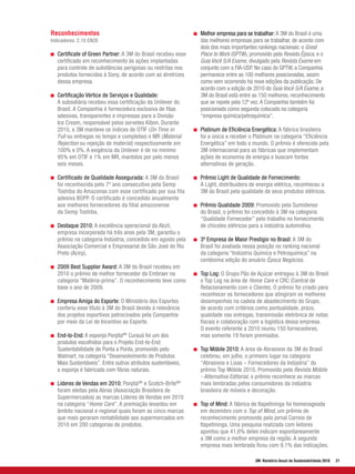 Reconhecimentos                                                Melhor empresa para se trabalhar: A 3M do Brasil é uma
Indicadores: 2.10 EN26                                         das melhores empresas para se trabalhar, de acordo com
                                                               dois dos mais importantes rankings nacionais: o Great
   Certificate of Green Partner: A 3M do Brasil recebeu esse   Place to Work (GPTW), promovido pela Revista Época, e o
   certificado em reconhecimento às ações implantadas          Guia Você S/A Exame, divulgado pela Revista Exame em
   para controle de substâncias perigosas ou restritas nos     conjunto com a FIA-USP. No caso do GPTW, a Companhia
   produtos fornecidos à Sony, de acordo com as diretrizes     permanece entre as 100 melhores posicionadas, assim
   dessa empresa.                                              como vem ocorrendo há nove edições da publicação. De
                                                               acordo com a edição de 2010 do Guia Você S/A Exame, a
   Certificação Vértice de Serviços e Qualidade:               3M do Brasil está entre as 150 melhores, reconhecimento
   A subsidiária recebeu essa certificação da Unilever do      que se repete pela 12ª vez. A Companhia também foi
   Brasil. A Companhia é fornecedora exclusiva de fitas        posicionada como segunda colocada na categoria
   adesivas, transparentes e impressas para a Divisão          “empresa química/petroquímica”.
   Ice Cream, responsável pelos sorvetes Kibon. Durante
   2010, a 3M manteve os índices de OTIF (On Time in           Platinum de Eficiência Energética: A fábrica brasileira
   Full ou entregas no tempo e completas) e MR (Material       foi a única a receber o Platinum na categoria “Eficiência
   Rejection ou rejeição de material) respectivamente em       Energética” em todo o mundo. O prêmio é oferecido pela
   100% e 0%. A exigência da Unilever é de no mínimo           3M internacional para as fábricas que implementam
   95% em OTIF e 1% em MR, mantidos por pelo menos             ações de economia de energia e buscam fontes
   seis meses.                                                 alternativas de geração.

   Certificado de Qualidade Assegurada: A 3M do Brasil         Prêmio Light de Qualidade de Fornecimento:
   foi reconhecida pelo 7º ano consecutivo pela Semp           A Light, distribuidora de energia elétrica, reconheceu a
   Toshiba do Amazonas com esse certificado por sua fita       3M do Brasil pela qualidade de seus produtos elétricos.
   adesiva BOPP. O certificado é concedido anualmente
   aos melhores fornecedores da filial amazonense              Prêmio Qualidade 2009: Promovido pela Sumidenso
   da Semp Toshiba.                                            do Brasil, o prêmio foi concedido à 3M na categoria
                                                               “Qualidade Fornecedor” pelo trabalho no fornecimento
   Destaque 2010: A excelência operacional da Abzil,           de chicotes elétricos para a indústria automotiva.
   empresa incorporada há três anos pela 3M, garantiu o
   prêmio na categoria Indústria, concedido em agosto pela     3ª Empresa de Maior Prestígio no Brasil: A 3M do
   Associação Comercial e Empresarial de São José do Rio       Brasil foi avaliada nessa posição no ranking nacional
   Preto (Acirp).                                              da categoria “Indústria Química e Petroquímica” na
                                                               centésima edição do anuário Época Negócios.
   2009 Best Supplier Award: A 3M do Brasil recebeu em
   2010 o prêmio de melhor fornecedor da Embraer na            Top Log: O Grupo Pão de Açúcar entregou à 3M do Brasil
   categoria “Matéria-prima”. O reconhecimento teve como       o Top Log na área de Home Care e CRC (Central de
   base o ano de 2009.                                         Relacionamento com o Cliente). O prêmio foi criado para
                                                               reconhecer os fornecedores que atingiram os melhores
   Empresa Amiga do Esporte: O Ministério dos Esportes         desempenhos na cadeia de abastecimento do Grupo,
   conferiu esse título à 3M do Brasil devido à relevância     de acordo com critérios como pontualidade, prazo,
   dos projetos esportivos patrocinados pela Companhia         qualidade nas entregas, transmissão eletrônica de notas
   por meio da Lei de Incentivo ao Esporte.                    fiscais e colaboração com a logística dessa empresa.
                                                               O evento referente a 2010 reuniu 150 fornecedores,
   End-to-End: A esponja PonjitaMR Curauá foi um dos           mas somente 19 foram premiados.
   produtos escolhidos para o Projeto End-to-End:
   Sustentabilidade de Ponta a Ponta, promovido pelo           Top Móbile 2010: A área de Abrasivos da 3M do Brasil
   Walmart, na categoria “Desenvolvimento de Produtos          celebrou, em julho, o primeiro lugar na categoria
   Mais Sustentáveis”. Entre outros atributos sustentáveis,    “Abrasivos e Lixas – Fornecedores da Indústria” do
   a esponja é fabricada com fibras naturais.                  prêmio Top Móbile 2010. Promovido pela Revista Móbile
                                                               - Alternativa Editorial, o prêmio reconhece as marcas
   Líderes de Vendas em 2010: PonjitaMR e Scotch-BriteMR       mais lembradas pelos consumidores da indústria
   foram eleitas pela Abras (Associação Brasileira de          brasileira de móveis e decoração.
   Supermercados) as marcas Líderes de Vendas em 2010
   na categoria “Home Care”. A premiação levantou em           Top of Mind: A fábrica de Itapetininga foi homenageada
   âmbito nacional e regional quais foram as cinco marcas      em dezembro com o Top of Mind, um prêmio de
   que mais geraram rentabilidade aos supermercados em         reconhecimento promovido pelo jornal Correio de
   2010 em 200 categorias de produtos.                         Itapetininga. Uma pesquisa realizada com leitores
                                                               apontou que 41,6% deles indicam espontaneamente
                                                               a 3M como a melhor empresa da região. A segunda
                                                               empresa mais lembrada ficou com 9,1% das indicações.

                                                                                       3M Relatório Anual de Sustentabilidade 2010   21
 