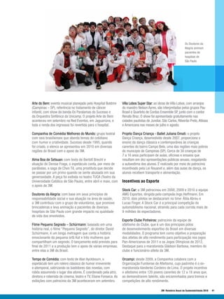 Os Doutores da
                                                                                                                     Alegria animam
                                                                                                                     pacientes de
                                                                                                                     hospitais de
                                                                                                                     São Paulo




Arte do Bem: evento musical planejado pelo Hospital Boldrini       Villa Lobos Super Star: as obras de Villa Lobos, com arranjos
(Campinas – SP), referência no tratamento de câncer                do maestro Nelson Ayres, são interpretadas pelos grupos Pau
infantil, com show da banda Os Paralamas do Sucesso e              Brasil e Quarteto de Cordas Ensemble SP, junto com o cantor
da Orquestra Sinfônica da Unicamp. O projeto Arte do Bem           Renato Braz. O show foi apresentado gratuitamente nas
aconteceu em setembro na Red Eventos, em Jaguariúna, e             cidades paulistas de Jundiaí, São Carlos, Ribeirão Preto, Atibaia
toda a renda dos ingressos foi revertida para o hospital.          e Americana nos meses de julho e agosto.

Companhia de Comédia Melhores do Mundo: grupo teatral              Projeto Dança Criança - Ballet Juliana Omati: o projeto
com seis brasilienses que aborda temas do cotidiano                Dança Criança, desenvolvido desde 2007, proporciona o
com humor e criatividade. Sucesso desde 1995, quando               ensino da dança clássica e contemporânea às crianças
foi criado, o elenco se apresentou em 2010 em diversas             carentes do bairro Campo Belo, uma das regiões mais pobres
regiões do Brasil com o apoio da 3M.                               do município de Campinas (SP). Cerca de 30 crianças de
                                                                   7 a 16 anos participam de aulas, oficinas e ensaios que
Alma Boa de Setsuan: com texto de Bertolt Brecht e                 resultam em dez apresentações públicas anuais, resgatando
atuação de Denise Fraga, o espetáculo conta, por meio de           a autoestima dos alunos. É realizado por meio do patrocínio
parábolas, a saga de Chen Tê, uma prostituta que decide            incentivado pela Lei Rouanet e, além das aulas de dança, os
se passar por um primo quando se sente abusada em sua              alunos recebem transporte e alimentação.
generosidade. A peça foi exibida no teatro TUCA (Teatro da
Universidade Católica de São Paulo), entre abril e maio, com       Incentivos ao Esporte
o apoio da 3M.
                                                                   Stock Car: a 3M patrocinou em 2008, 2009 e 2010 a equipe
Doutores da Alegria: com base em seus princípios de                AMG Esportes, dirigida pelo campeão Ingo Hoffmann. Em
responsabilidade social e sua atuação na área de saúde,            2010, dois pilotos se destacaram no time: Átila Abreu e
a 3M contribuiu com o grupo de voluntários, que promove            Lucas Finger. A Stock Car é a principal competição do
brincadeiras e leva animação a pacientes de diversos               automobilismo nacional, atraindo para cada corrida mais de
hospitais de São Paulo com grande impacto na qualidade             9 milhões de espectadores.
de vida dos envolvidos.
                                                                   Esporte Clube Pinheiros: patrocínio da equipe de
Filme Pequeno Segredo – Schürmann: baseado em uma                  atletismo do Clube, que é um dos principais pólos
história real, o filme “Pequeno Segredo”, do diretor David         de desenvolvimento esportivo do Brasil em diversas
Schürmann, é um longa metragem que conta a história                modalidades. O programa tem como objetivo a preparação
emocionante da pequena órfã Kat e três mulheres que                dos atletas de alto rendimento para participação nos jogos
compartilham um segredo. O lançamento está previsto para           Pan-Americanos de 2011 e os Jogos Olímpicos de 2012.
final de 2011 e a produção tem o apoio de várias empresas,         Destaque para o maratonista Gládson Barbosa, membro do
entre elas a 3M do Brasil.                                         clube e funcionário-atleta da 3M.

Tempo de Comédia: com texto de Alan Ayckbourn, o                   Orcampi: desde 2009, a Companhia colabora com a
espetáculo tem um roteiro clássico de humor irreverente            Organização Funilense de Atletismo, cujo padrinho é o ex-
e atemporal, satirizando os bastidores das novelas, com            maratonista Vanderlei Cordeiro de Lima. O projeto incentiva
robôs assumindo o lugar dos atores. É coordenado pela atriz,       o atletismo entre 120 jovens carentes de 12 a 18 anos que,
diretora e roteirista de cinema, teatro e TV, Eliane Fonseca. As   ao demonstrarem talento, são encaminhados para treinos e
exibições com patrocínio da 3M aconteceram em setembro.            competições de alto rendimento.

                                                                                                3M Relatório Anual de Sustentabilidade 2010   41
 