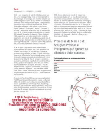 Perfil
   Indicadores: 2.1 2.2 2.3 2.4 2.5 2.7 2.8 3.6 3.8

   A 3M é uma companhia do setor de indústria química que        A 3M oferece globalmente mais de 46 plataformas
   tem como missão primordial inovar por meio da criação e       tecnológicas voltadas para os mais diversos setores e
   da combinação de tecnologias para encontrar soluções que      segmentos, como automotivo, moveleiro, home centers,
   contribuam para o sucesso de seus clientes ou tornem suas     indústria de alimentos e bebidas, montadoras, odontológico,
   atividades diárias mais práticas e seguras. Exemplos dessa    saúde, construção civil, governo, terceiro setor, entre outros.
   premissa de negócio são marcas reconhecidas por sua           Os produtos são concentrados em mais de 35 unidades de
   qualidade e diferenciais, como Scotch®, Scotch-BriteMR,       negócios, organizadas em seis grupos: Negócios de Consumo
   Post-it®, NexcareMR, ScotchgardMR, NomadMR, Command™          e Produtos para Papelaria e Escritório, Negócios de Elétricos
   e DurexMR , entre outras. A 3M possui hoje um portfolio com   e Comunicações, Negócios de Display e Comunicação Visual,
   cerca de 50 mil itens, que são comercializados em mais de     Negócios de Cuidados com a Saúde, Negócios em Mercados
   200 países. A Companhia, fundada nos Estados Unidos em        Industriais e de Transporte e Negócios e Serviços para
   1902, expandiu-se para todos os continentes, contando,        Segurança e Proteção.
   atualmente, com mais de 60 subsidiárias e gerando mais de
   80 mil empregos diretos ao redor do mundo. Para se ter uma
   ideia da grandeza da 3M, a Companhia faturou US$ 27 bilhões   Promessa de Marca 3M:
   em 2010, quase US$ 4 bilhões a mais que em 2009.
   	                                                             Soluções Práticas e
   A 3M do Brasil é hoje a sexta maior subsidiária da
   organização em faturamento, isto é, em resultados que         Inteligentes que ajudam os
   refletem sua presença no mercado local. Do total de
   produtos comercializados no Brasil, 70% são fabricados        clientes a obter sucesso.
   localmente. A Companhia tem como visão ser um centro
   de excelência para exportação, sendo atualmente a fonte
   de suprimento global de fitas de borracha e protetores        Posição do Brasil entre as principais subsidiárias
   auriculares, além de ser importante fornecedor de folhas      da organização
   de lixa; produtos descartáveis, como fitas para fraldas;      Coreia
   esponjas de banho e de limpeza doméstica e fitas de           Japão
   empacotamento. Os países consumidores são Estados             Alemanha
   Unidos, Alemanha, Argentina, China, Emirados Árabes,          China
   Chile, Índia e França. Posicionar-se entre as cinco maiores   Reino Unido
   subsidiárias em faturamento até 2012 é meta importante        Brasil
   da Companhia.

   Presente no País desde 1946, a empresa conta hoje com
   4.054 funcionários distribuídos entre a sede, em Sumaré
   (SP), onde também se encontra uma das unidades fabris,
   e mais quatro fábricas: em Ribeirão Preto, Itapetininga,
   Mairinque, São José do Rio Preto (SP) e Manaus (AM). Além
   disso, a empresa detém, desde 2010, o controle da Incavas,
   fabricante de produtos para limpeza doméstica, localizada
   em Bom Princípio (RS).


    A 3M do Brasil é hoje a
  sexta maior subsidiária
  da organização em faturamento.
Posicionar-se entre as cinco maiores
            subsidiárias até 2012 é meta
            importante da companhia




                                                                                             3M Relatório Anual de Sustentabilidade 2010   9
 