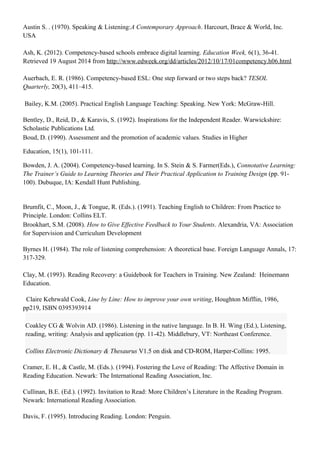 Austin S. . (1970). Speaking & Listening:A Contemporary Approach. Harcourt, Brace & World, Inc.
USA
Ash, K. (2012). Competency-based schools embrace digital learning. Education Week, 6(1), 36-41.
Retrieved 19 August 2014 from http://www.edweek.org/dd/articles/2012/10/17/01competency.h06.html
Auerbach, E. R. (1986). Competency-based ESL: One step forward or two steps back? TESOL
Quarterly, 20(3), 411–415.
Bailey, K.M. (2005). Practical English Language Teaching: Speaking. New York: McGraw-Hill.
Bentley, D., Reid, D., & Karavis, S. (1992). Inspirations for the Independent Reader. Warwickshire:
Scholastic Publications Ltd.
Boud, D. (1990). Assessment and the promotion of academic values. Studies in Higher
Education, 15(1), 101-111.
Bowden, J. A. (2004). Competency-based learning. In S. Stein & S. Farmer(Eds.), Connotative Learning:
The Trainer’s Guide to Learning Theories and Their Practical Application to Training Design (pp. 91-
100). Dubuque, IA: Kendall Hunt Publishing.
Brumfit, C., Moon, J., & Tongue, R. (Eds.). (1991). Teaching English to Children: From Practice to
Principle. London: Collins ELT.
Brookhart, S.M. (2008). How to Give Effective Feedback to Your Students. Alexandria, VA: Association
for Supervision and Curriculum Development
Byrnes H. (1984). The role of listening comprehension: A theoretical base. Foreign Language Annals, 17:
317-329.
Clay, M. (1993). Reading Recovery: a Guidebook for Teachers in Training. New Zealand: Heinemann
Education.
Claire Kehrwald Cook, Line by Line: How to improve your own writing, Houghton Mifflin, 1986,
pp219, ISBN 0395393914
Coakley CG & Wolvin AD. (1986). Listening in the native language. In B. H. Wing (Ed.), Listening,
reading, writing: Analysis and application (pp. 11-42). Middlebury, VT: Northeast Conference.
Collins Electronic Dictionary & Thesaurus V1.5 on disk and CD-ROM, Harper-Collins: 1995.
Cramer, E. H., & Castle, M. (Eds.). (1994). Fostering the Love of Reading: The Affective Domain in
Reading Education. Newark: The International Reading Association, Inc.
Cullinan, B.E. (Ed.). (1992). Invitation to Read: More Children’s Literature in the Reading Program.
Newark: International Reading Association.
Davis, F. (1995). Introducing Reading. London: Penguin.
 
