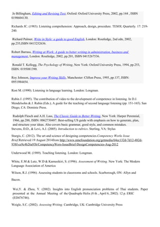 Jo Billingham, Editing and Revising Text, Oxford: Oxford University Press, 2002, pp.144 , ISBN
0198604130.
Richards JC. (1983). Listening comprehension: Approach, design, procedure. TESOL Quarterly. 17: 219-
240.
Richard Palmer, Write in Style: a guide to good English, London: Routledge, 2nd edn, 2002,
pp.255,ISBN 0415252636.
Robert Barrass, Writing at Work: A guide to better writing in administration, business and
management, London: Routledge, 2002, pp.201, ISBN 0415267536.
Ronald T. Kellogg, The Psychology of Writing, New York: Oxford University Press, 1994, pp.253,
ISBN: 0195081390.
Roy Johnson, Improve your Writing Skills, Manchester: Clifton Press, 1995, pp.137, ISBN:
0951984454.
Rost M. (1990). Listening in language learning. London: Longman.
Rubin J. (1995). The contribution of video to the development of competence in listening. In D.J.
Mendelsohn & J. Rubin (Eds.), A guide for the teaching of second language listening (pp. 151-165). San
Diego, CA: Dominie Press.
Rudolph Flesch and A.H. Lass, The Classic Guide to Better Writing, New York: Harper Perennial,
1966, pp.288, ISBN: 0062730487. Best-selling US guide with emphasis on how to generate, plan,
and structure your ideas. Also covers basic grammar, good style, and common mistakes.
Stevens, D.D., & Levi, A.J. (2005). Introduction to rubrics. Sterling, VA: Stylus
Sturgis, C. (2012). The art and science of designing competencies.Competency Works Issue
Brief.Retrieved 19 August 2014from http://www.nmefoundation.org/getmedia/64ec132d-7d12-482d-
938f-ce9c4b26a93b/CompetencyWors-IssueBrief-DesignCompetencies-Aug-2012
Underwood M. (1989). Teaching listening. London: Longman.
White, E.M & Lutz, W.D & Kamusikiri, S. (1996). Assessment of Writing. New York: The Modern
Language Association of America
Wilson, R.J. (1996). Assessing students in classrooms and schools. Scarborough, ON: Allyn and
Bacon.
Wei,Y. & Zhou, Y. (2002). Insights into English pronunciation problems of Thai students. Paper
presented at the Annual Meeting of the Quadruple Helix (8 th , April 6, 2002). 12 p. ERIC
(ED476746).
Weigle, S.C. (2002). Assessing Writing. Cambridge, UK: Cambridge University Press
 