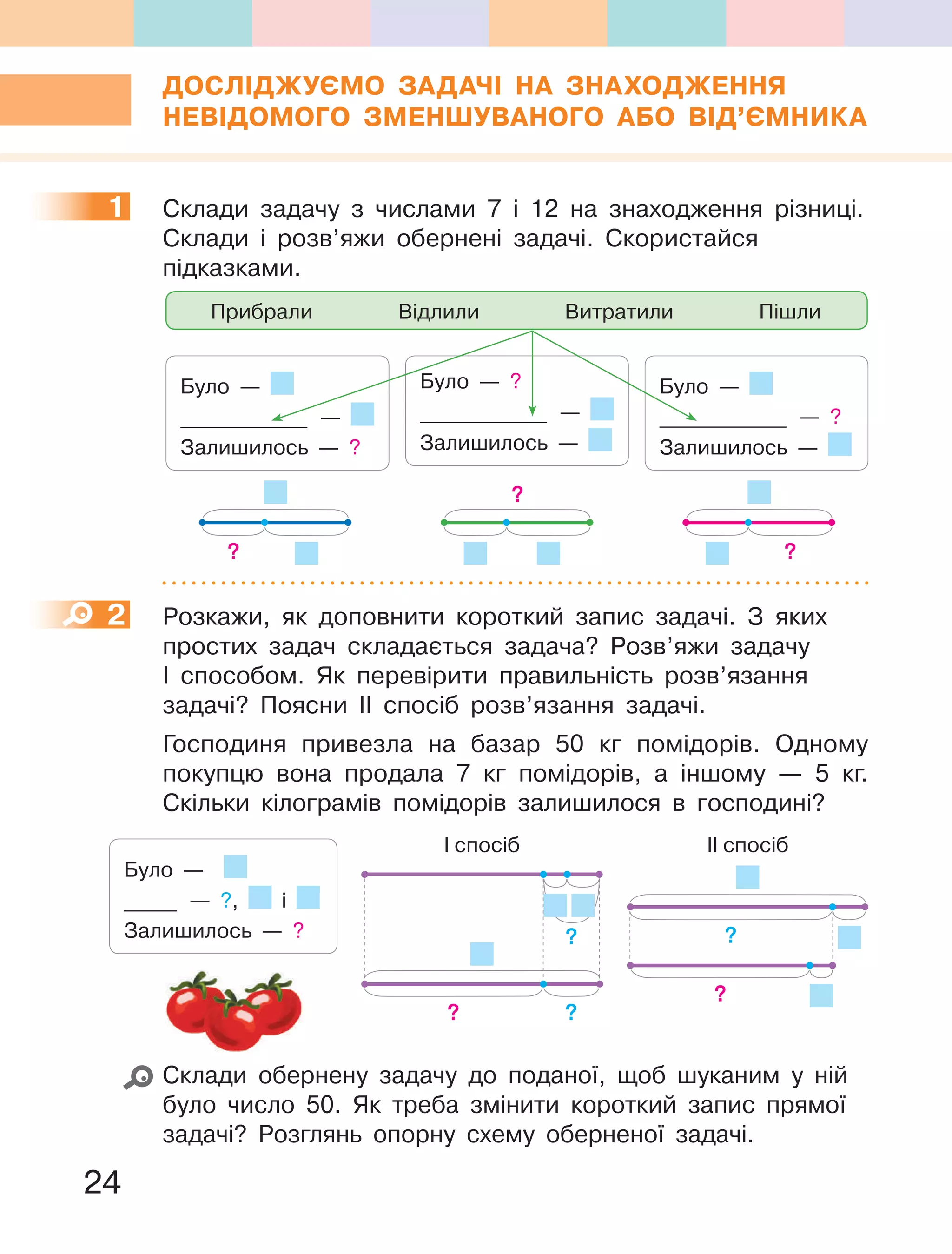 24
ДОСЛІДЖУЄМО ЗаДаЧІ На ЗНаХОДЖеННЯ
НеВІДОМОГО ЗМеНШУВаНОГО аБО ВІД’ЄМНиКа
1 Склади задачу з числами 7 і 12 на знаходження різниці.
Склади і розв’яжи обернені задачі. Скористайся
підказками.
? ?
?
Було —
____________ —
Залишилось — ?
Було — ?
____________ —
Залишилось —
Було —
____________ — ?
Залишилось —
Прибрали Відлили Витратили Пішли
2 Розкажи, як доповнити короткий запис задачі. З яких
простих задач складається задача? Розв’яжи задачу
І способом. Як перевірити правильність розв’язання
задачі? Поясни ІІ спосіб розв’язання задачі.
Господиня привезла на базар 50 кг помідорів. Одному
покупцю вона продала 7 кг помідорів, а іншому — 5 кг.
Скільки кілограмів помідорів залишилося в господині?
Було —
_____ — ?, і
Залишилось — ?
?
?
ІІ спосіб
?
?
І спосіб
?
Склади обернену задачу до поданої, щоб шуканим у ній
було число 50. Як треба змінити короткий запис прямої
задачі? Розглянь опорну схему оберненої задачі.
1
2
 