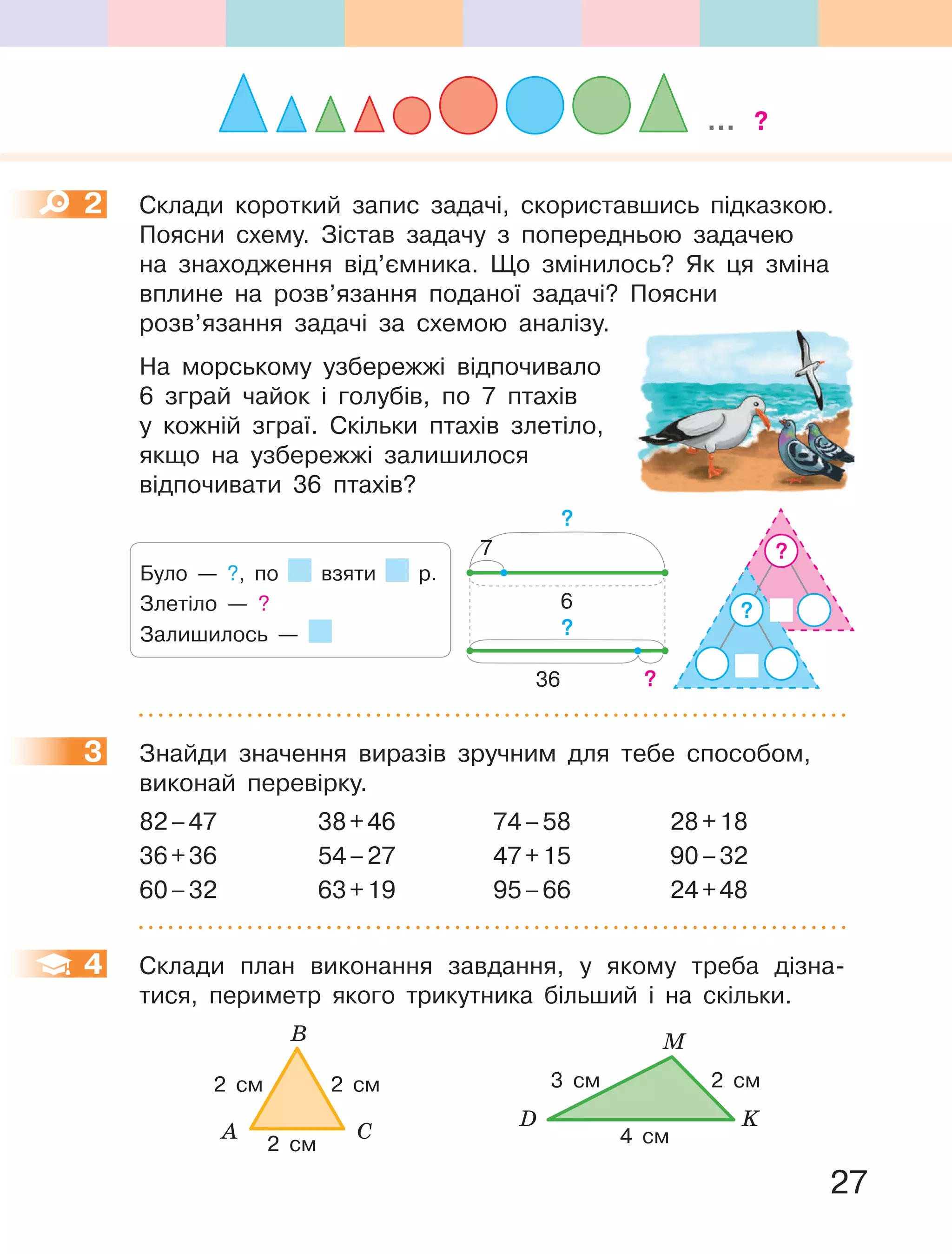 27
2 Склади короткий запис задачі, скориставшись підказкою.
Поясни схему. Зістав задачу з попередньою задачею
на знаходження від’ємника. Що змінилось? Як ця зміна
вплине на розв’язання поданої задачі? Поясни
розв’язання задачі за схемою аналізу.
На морському узбережжі відпочивало
6 зграй чайок і голубів, по 7 птахів
у кожній зграї. Скільки птахів злетіло,
якщо на узбережжі залишилося
відпочивати 36 птахів?
Було — ?, по взяти р.
Злетіло — ?
Залишилось —
?
?
?
?
?
6
7
36
3 Знайди значення виразів зручним для тебе способом,
виконай перевірку.
82–47 38+46 74–58 28+18
36+36 54–27 47+15 90–32
60–32 63+19 95–66 24+48
4 Склади план виконання завдання, у якому треба дізна-
тися, периметр якого трикутника більший і на скільки.
A
В
С
2 см2 см
2 см
K
M
D
2 см3 см
4 см
2
3
4
... ?
 