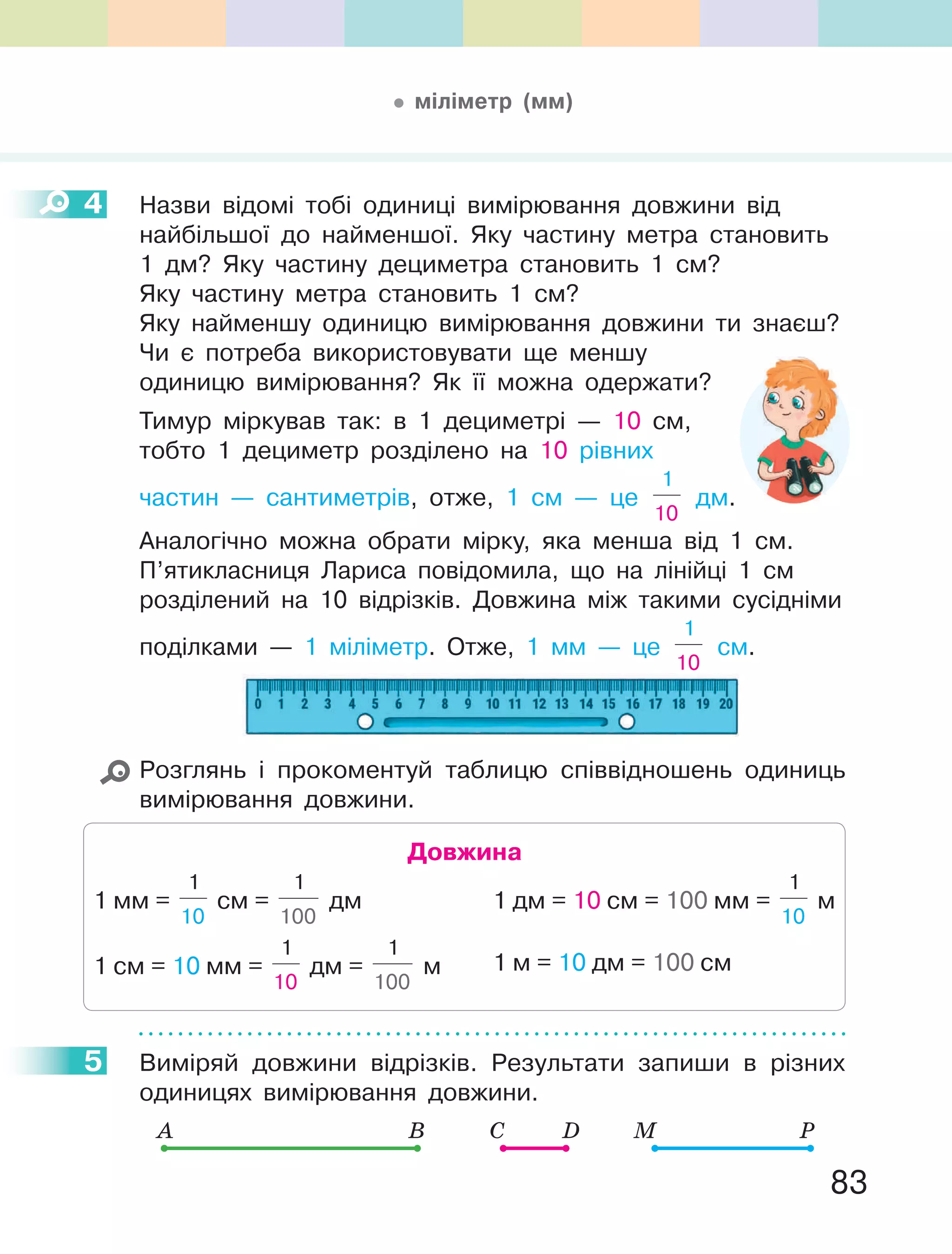83
4 Назви відомі тобі одиниці вимірювання довжини від
найбільшої до найменшої. Яку частину метра становить
1 дм? Яку частину дециметра становить 1 см?
Яку частину метра становить 1 см?
Яку найменшу одиницю вимірювання довжини ти знаєш?
Чи є потреба використовувати ще меншу
одиницю вимірювання? Як її можна одержати?
Тимур міркував так: в 1 дециметрі — 10 см,
тобто 1 дециметр розділено на 10 рівних
частин — сантиметрів, отже, 1 см — це
1
10
дм.
Аналогічно можна обрати мірку, яка менша від 1 см.
П’ятикласниця Лариса повідомила, що на лінійці 1 см
розділений на 10 відрізків. Довжина між такими сусідніми
поділками — 1 міліметр. Отже, 1 мм — це
1
10
см.
Розглянь і прокоментуй таблицю співвідношень одиниць
вимірювання довжини.
Довжина
1 мм =
1
10
см =
1
100
дм
1 см = 10 мм =
1
10
дм =
1
100
м
1 дм = 10 см = 100 мм =
1
10
м
1 м = 10 дм = 100 см
5 Виміряй довжини відрізків. Результати запиши в різних
одиницях вимірювання довжини.
A B C D M P
4
5
міліметр (мм)
 
