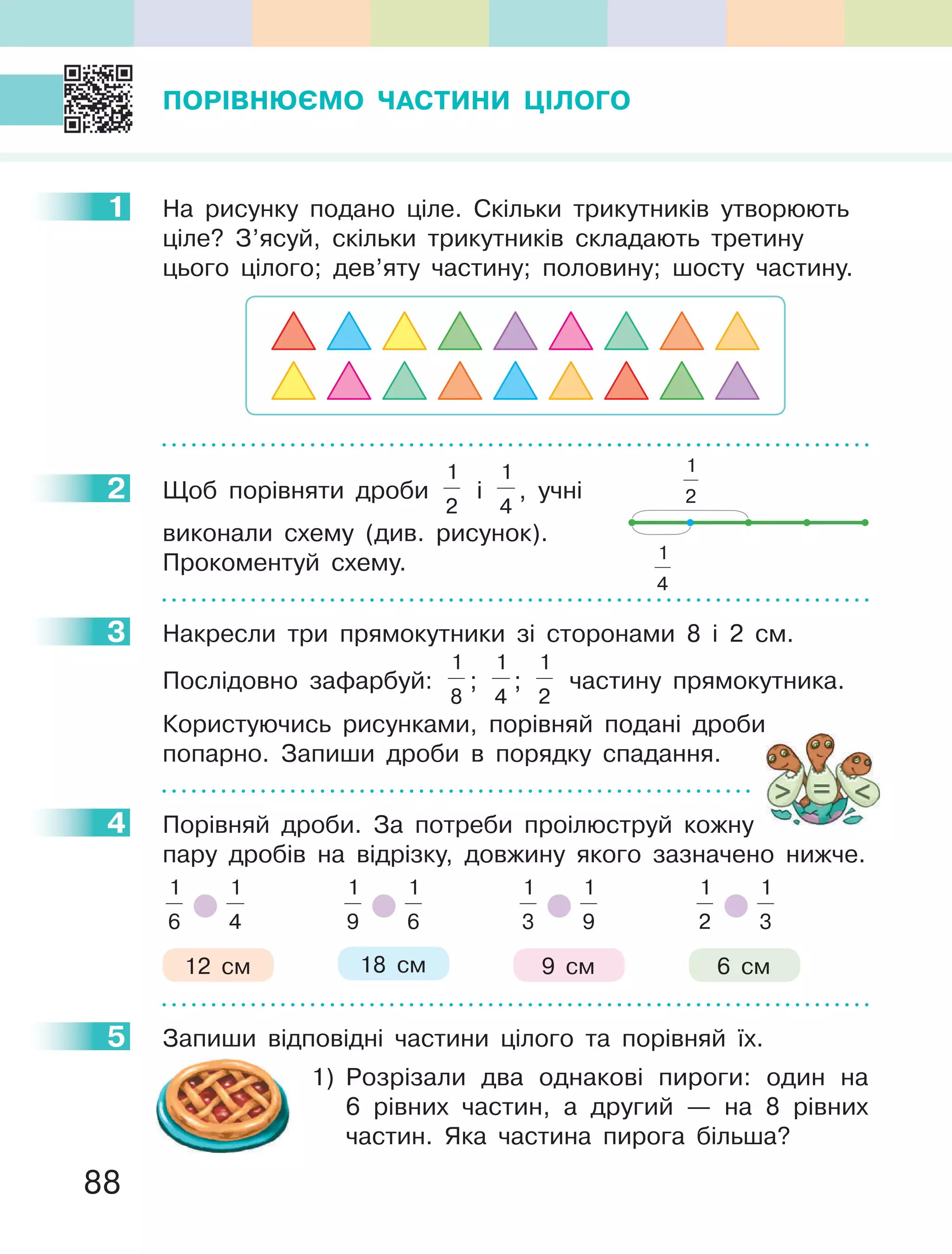 88
ПОРІВНЮЄМО ЧАСТИНИ ЦІЛОГО
1 На рисунку подано ціле. Скільки трикутників утворюють
ціле? З’ясуй, скільки трикутників складають третину
цього цілого; дев’яту частину; половину; шосту частину.
2 Щоб порівняти дроби
1
2
і
1
4
, учні
виконали схему (див. рисунок).
Прокоментуй схему.
3 Накресли три прямокутники зі сторонами 8 і 2 см.
Послідовно зафарбуй:
1
8
;
1
4
;
1
2
частину прямокутника.
Користуючись рисунками, порівняй подані дроби
попарно. Запиши дроби в порядку спадання.
4 Порівняй дроби. За потреби проілюструй кожну
пару дробів на відрізку, довжину якого зазначено нижче.
1
6
1
4
1
9
1
6
1
3
1
9
1
2
1
3
12 см 9 см18 см 6 см
5 Запиши відповідні частини цілого та порівняй їх.
1) Розрізали два однакові пироги: один на
6 рівних частин, а другий — на 8 рівних
частин. Яка частина пирога більша?
1
2
3
4
5
1
2
1
4
 