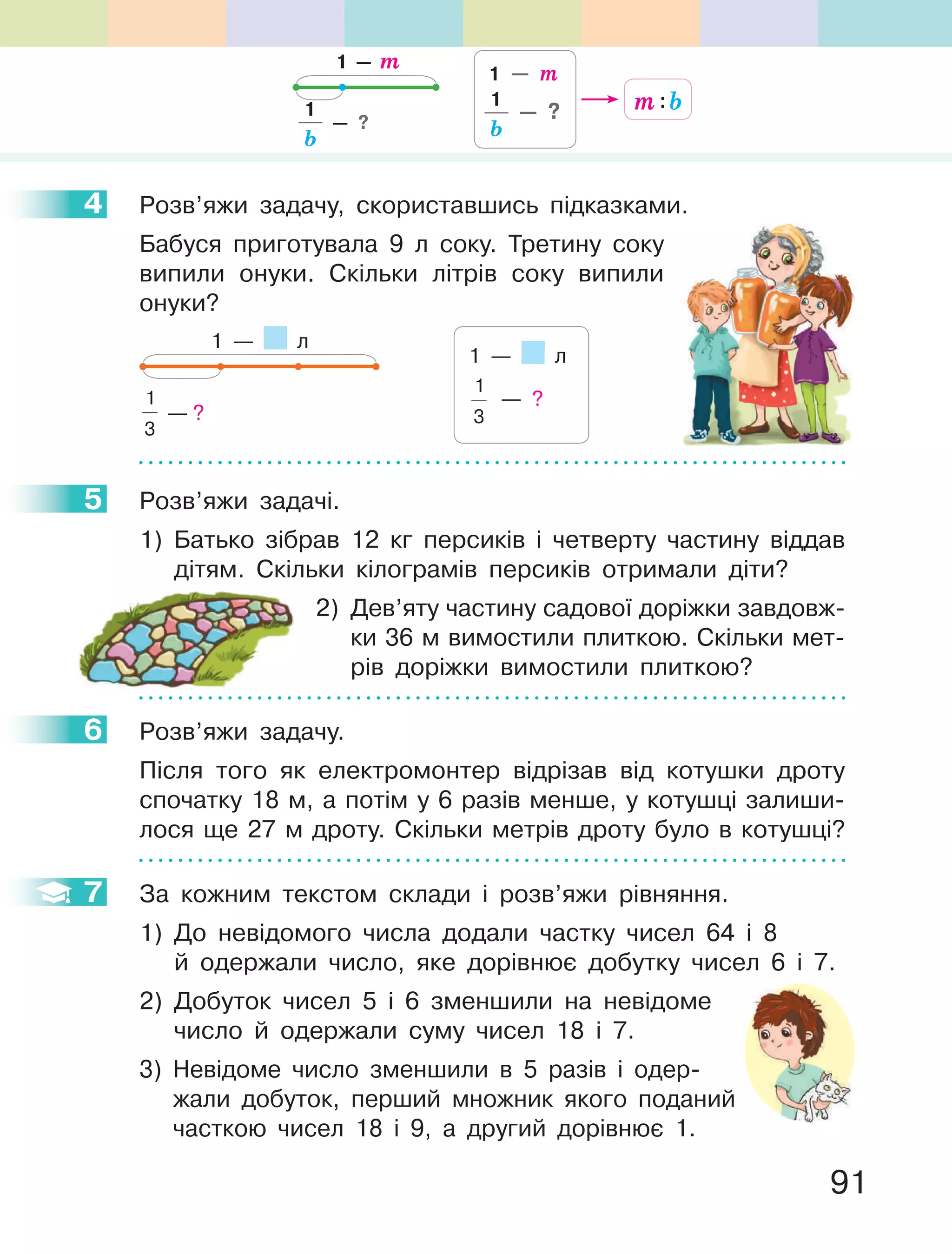 91
4 Розв’яжи задачу, скориставшись підказками.
Бабуся приготувала 9 л соку. Третину соку
випили онуки. Скільки літрів соку випили
онуки?
1 — л
1
3
— ?
1 — л
1
3
— ?
5 Розв’яжи задачі.
1) Батько зібрав 12 кг персиків і четверту частину віддав
дітям. Скільки кілограмів персиків отримали діти?
2) Дев’яту частину садової доріжки завдовж-
ки 36 м вимостили плиткою. Скільки мет-
рів доріжки вимостили плиткою?
6 Розв’яжи задачу.
Після того як електромонтер відрізав від котушки дроту
спочатку 18 м, а потім у 6 разів менше, у котушці залиши-
лося ще 27 м дроту. Скільки метрів дроту було в котушці?
7 За кожним текстом склади і розв’яжи рівняння.
1) До невідомого числа додали частку чисел 64 і 8
й одержали число, яке дорівнює добутку чисел 6 і 7.
2) Добуток чисел 5 і 6 зменшили на невідоме
число й одержали суму чисел 18 і 7.
3) Невідоме число зменшили в 5 разів і одер-
жали добуток, перший множник якого поданий
часткою чисел 18 і 9, а другий дорівнює 1.
4
5
6
7
1 — m
b
1
— ? m:b
b
1
— ?
1 — m
 