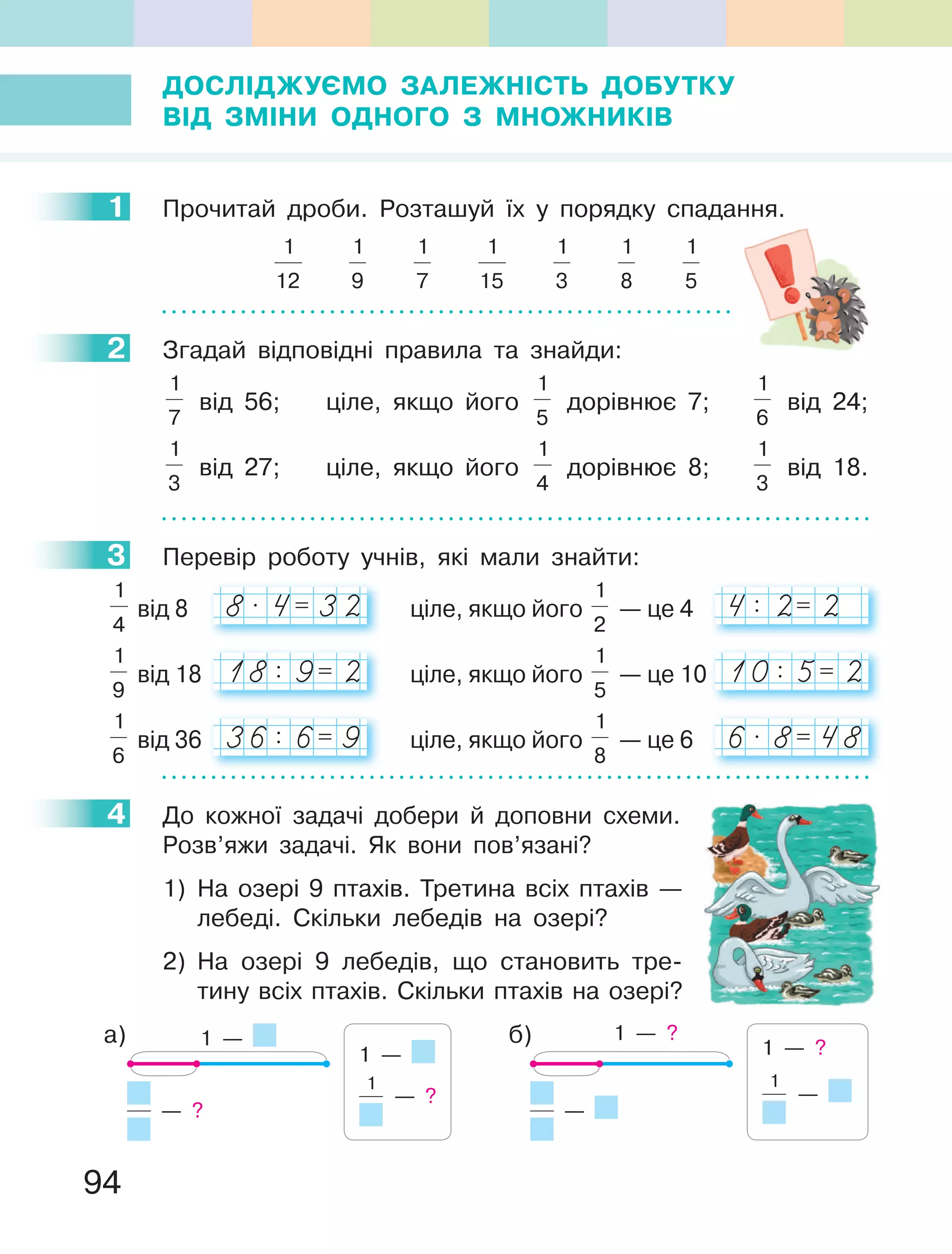 94
ДОСЛІДЖУЄМО ЗаЛеЖНІСтЬ ДОБУтКУ
ВІД ЗМІНи ОДНОГО З МНОЖНиКІВ
1 Прочитай дроби. Розташуй їх у порядку спадання.
1
12
1
9
1
7
1
15
1
3
1
8
1
5
2 Згадай відповідні правила та знайди:
1
7
від 56; ціле, якщо його
1
5
дорівнює 7;
1
6
від 24;
1
3
від 27; ціле, якщо його
1
4
дорівнює 8;
1
3
від 18.
3 Перевір роботу учнів, які мали знайти:
1
4
від 8 ціле, якщо його
1
2
— це 4
1
9
від 18 ціле, якщо його
1
5
— це 10
1
6
від 36 ціле, якщо його
1
8
— це 6
4 До кожної задачі добери й доповни схеми.
Розв’яжи задачі. Як вони пов’язані?
1) На озері 9 птахів. Третина всіх птахів —
лебеді. Скільки лебедів на озері?
2) На озері 9 лебедів, що становить тре-
тину всіх птахів. Скільки птахів на озері?
1 — ?
1
—
б)1 —
— ?
1 — ?
—
1 —
1
— ?
а)
1
2
3
4
від 8 ціле, якщо його8 ⋅ 4= 32 4: 2= 2
від 18 ціле, якщо його18: 9= 2 10: 5= 2
від 36 ціле, якщо його36: 6= 9 6 ⋅ 8= 48
 