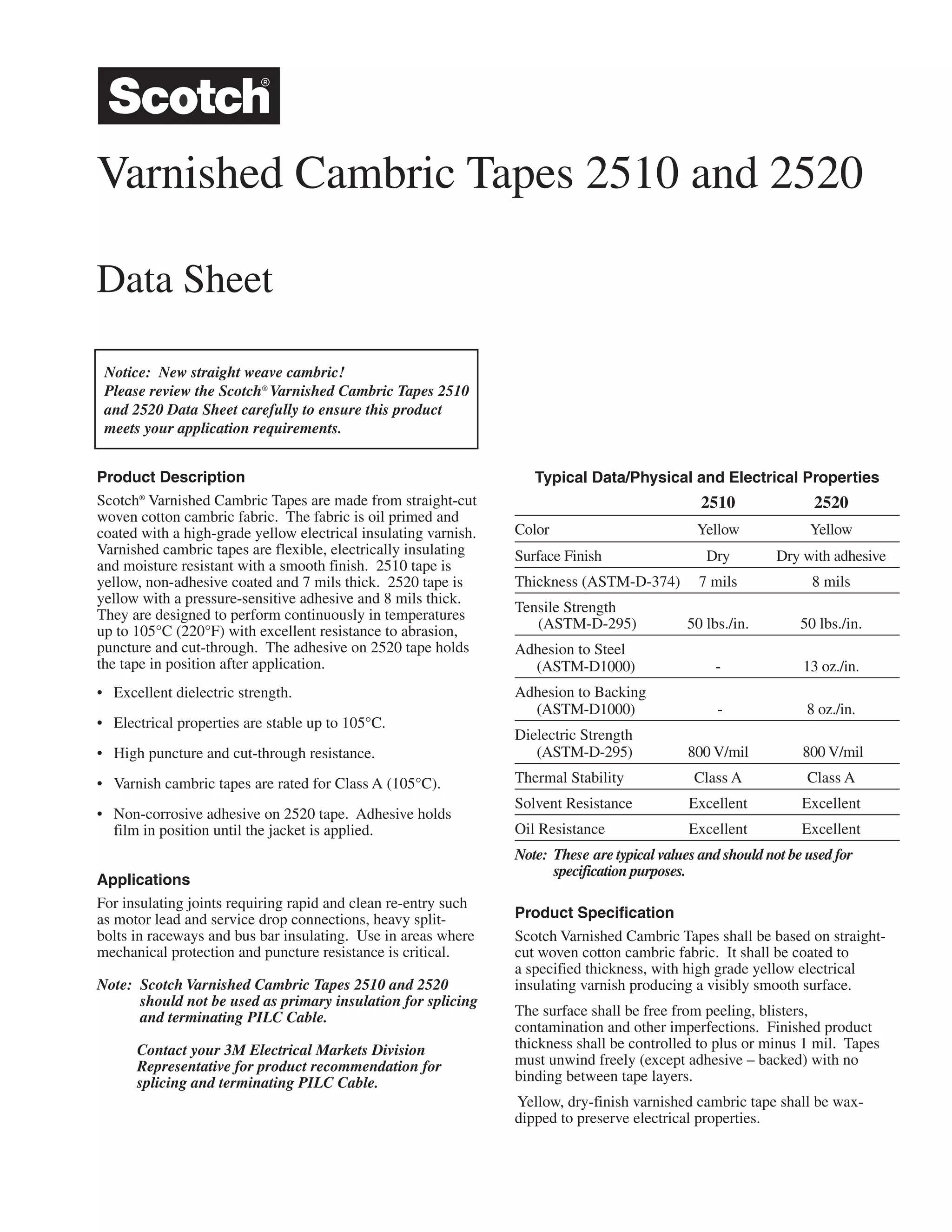 3M Scotch 2510 Varnished Cambric Electrical Tape 3M Scotch Electrical Tapes PDF