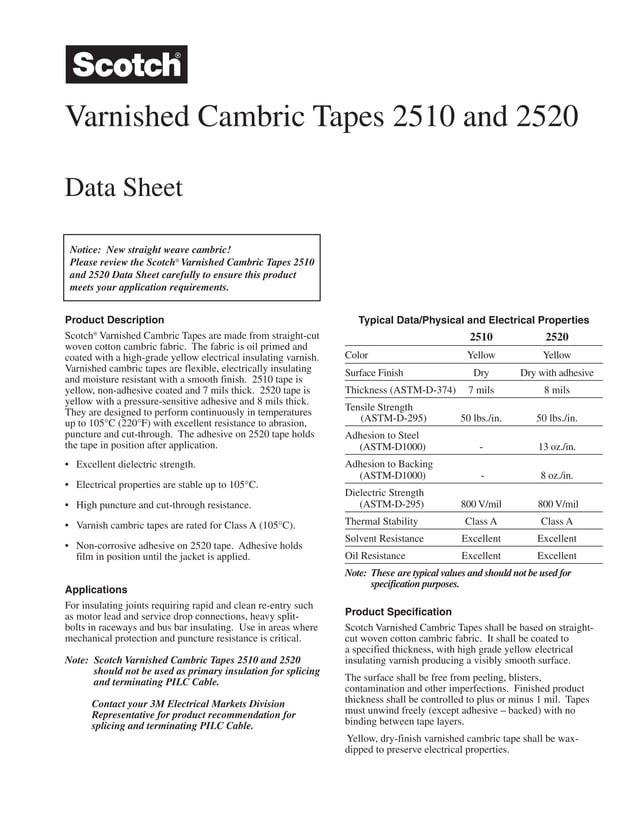 3M Scotch 2510 Varnished Cambric Electrical Tape 3M Scotch Electrical