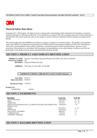 MATERIAL SAFETY DATA SHEET Scotch® Vinyl Mastic Electrical Moisture Seal 2200, 2210, 06147 and 06149 05/25/11
_________________________________________________________________________________________________
Page 1 of 7
Material Safety Data Sheet
Copyright, 2011, 3M Company All rights reserved. Copying and/or downloading of this information for the purpose of properly
utilizing 3M products is allowed provided that: (1) the information is copied in full with no changes unless prior written agreement is
obtained from 3M, and (2) neither the copy nor the original is resold or otherwise distributed with the intention of earning a profit
thereon.
This material safety data sheet (MSDS) is provided as a courtesy in response to a customer request. This product is not regulated
under, and a MSDS is not required for this product by the OSHA Hazard Communication Standard (29 CFR 1910.1200) because,
when used as recommended or under ordinary conditions, it should not present a health and safety hazard. However, use or
processing of the product not in accordance with the product's recommendations or not under ordinary conditions may affect the
performance of the product and may present potential health and safety hazards.
SECTION 1: PRODUCT AND COMPANY IDENTIFICATION
PRODUCT NAME: Scotch® Vinyl Mastic Electrical Moisture Seal 2200, 2210, 06147 and 06149
MANUFACTURER: 3M
DIVISION: Electrical Markets Division
ADDRESS: 3M Center, St. Paul, MN 55144-1000
EMERGENCY PHONE: 1-800-364-3577 or (651) 737-6501 (24 hours)
Issue Date: 05/25/11
Supercedes Date: 02/09/10
Document Group: 10-2651-7
Product Use:
Intended Use: Sealant
SECTION 2: INGREDIENTS
Ingredient C.A.S. No. % by Wt
Mixed Rubber Blend Trade Secret 25 - 35
Kaolin 1332-58-7 15 - 25
LIMESTONE 1317-65-3 15 - 25
DISTILLATES (PETROLEUM), C3-6, PIPERYLENE-RICH, POLYMERS WITH
ISOBUTYLENE
152698-66-3 < 10
Asphalt 64742-93-4 5 - 10
POLYESTER Trade Secret < 5
POLY(VINYL CHLORIDE) 9002-86-2 <= 5
CARBON BLACK 1333-86-4 < 5
ANTIMONY TRIOXIDE 1309-64-4 < 1
SECTION 3: HAZARDS IDENTIFICATION
 