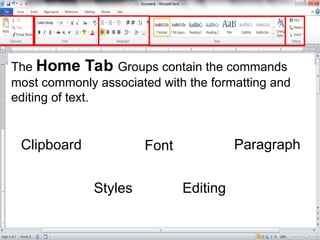 The Home Tab Groups contain the commands
most commonly associated with the formatting and
editing of text.
Clipboard Font Paragraph
Styles Editing
 