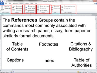 The References Groups contain the
commands most commonly associated with
writing a research paper, essay, term paper or
similarly formal documents.
Table
of Contents
Footnotes Citations &
Bibliography
Captions Index Table of
Authorities
 