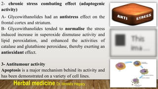 Herbal medicine Dr. Mostafa Hegazy
2- chronic stress combating effect (adaptogenic
activity)
A- Glycowithanolides had an antistress effect on the
frontal cortex and striatum.
B- Glycowithanolides tended to normalise the stress
induced increase in superoxide dismutase activity and
lipid peroxidation, and enhanced the activities of
catalase and glutathione peroxidase, thereby exerting an
antioxidant effect.
3- Antitumour activity
Apoptosis is a major mechanism behind its activity and
has been demonstrated on a variety of cell lines.
 