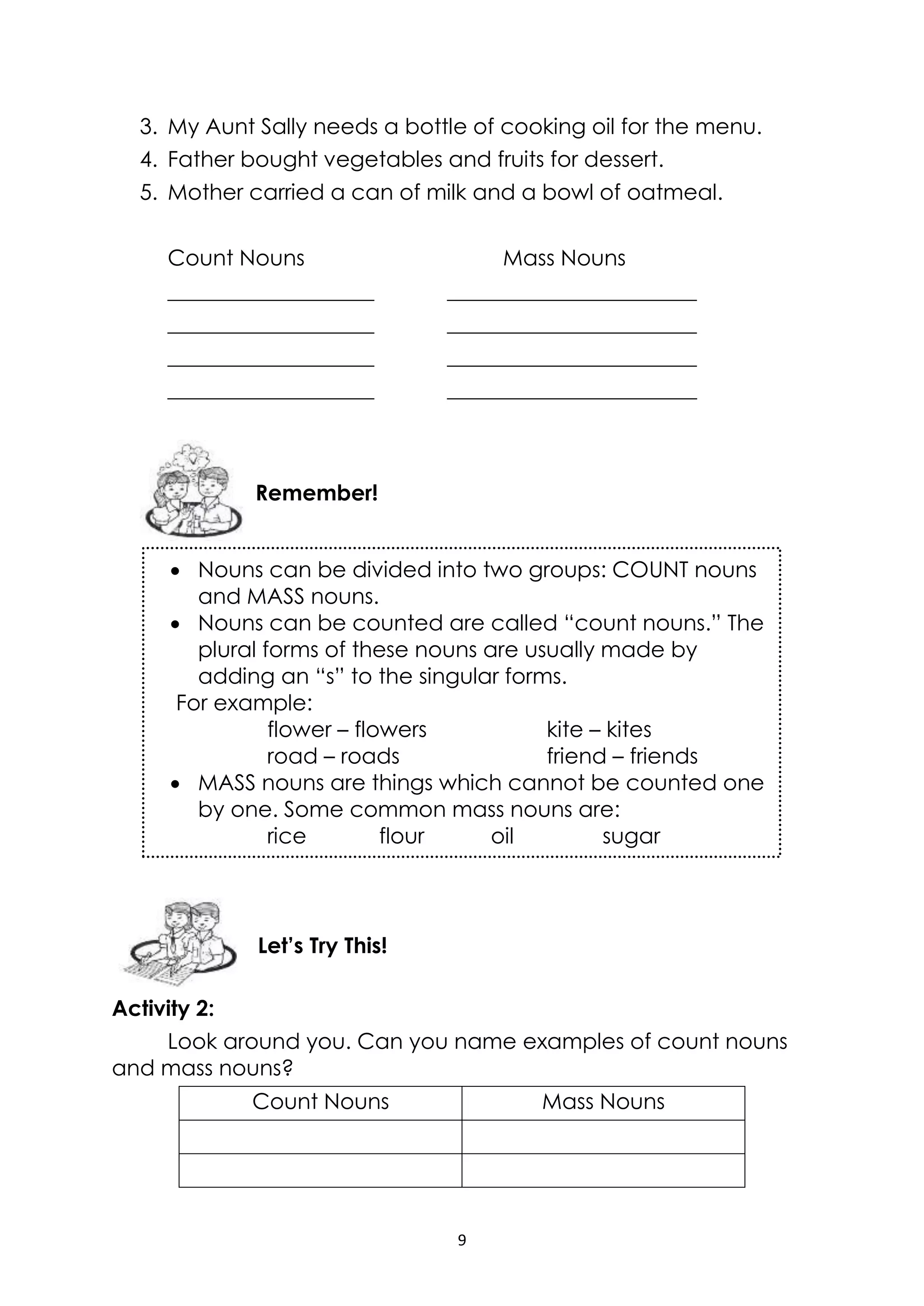 9
3. My Aunt Sally needs a bottle of cooking oil for the menu.
4. Father bought vegetables and fruits for dessert.
5. Mother carried a can of milk and a bowl of oatmeal.
Count Nouns Mass Nouns
___________________ _______________________
___________________ _______________________
___________________ _______________________
___________________ _______________________
Activity 2:
Look around you. Can you name examples of count nouns
and mass nouns?
Count Nouns Mass Nouns
Let’s Try This!
Remember!
 Nouns can be divided into two groups: COUNT nouns
and MASS nouns.
 Nouns can be counted are called “count nouns.” The
plural forms of these nouns are usually made by
adding an “s” to the singular forms.
For example:
flower – flowers kite – kites
road – roads friend – friends
 MASS nouns are things which cannot be counted one
by one. Some common mass nouns are:
rice flour oil sugar
 