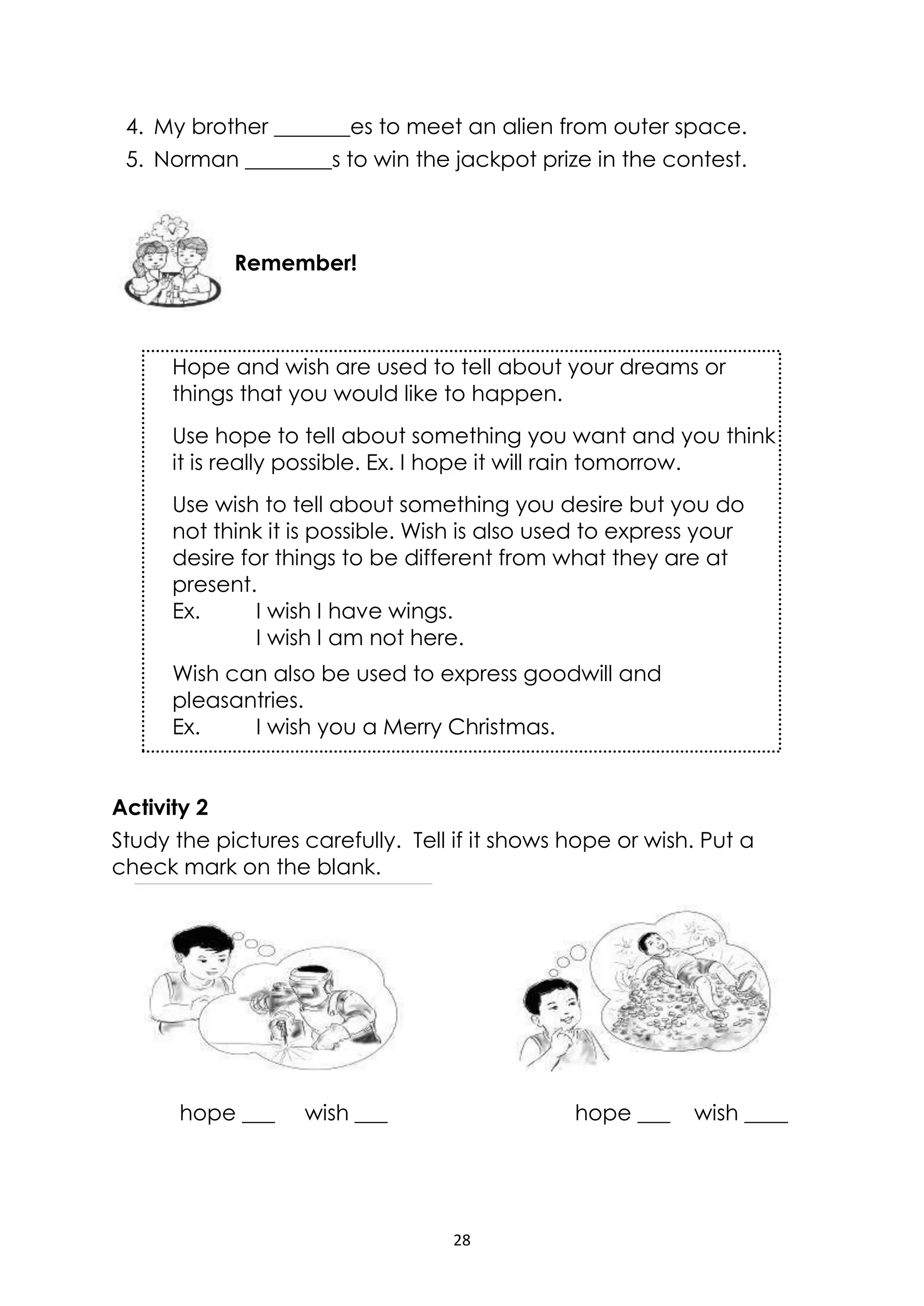 28
4. My brother _______es to meet an alien from outer space.
5. Norman ________s to win the jackpot prize in the contest.
Activity 2
Study the pictures carefully. Tell if it shows hope or wish. Put a
check mark on the blank.
hope ___ wish ___ hope ___ wish ____
Remember!
Hope and wish are used to tell about your dreams or
things that you would like to happen.
Use hope to tell about something you want and you think
it is really possible. Ex. I hope it will rain tomorrow.
Use wish to tell about something you desire but you do
not think it is possible. Wish is also used to express your
desire for things to be different from what they are at
present.
Ex. I wish I have wings.
I wish I am not here.
Wish can also be used to express goodwill and
pleasantries.
Ex. I wish you a Merry Christmas.
 