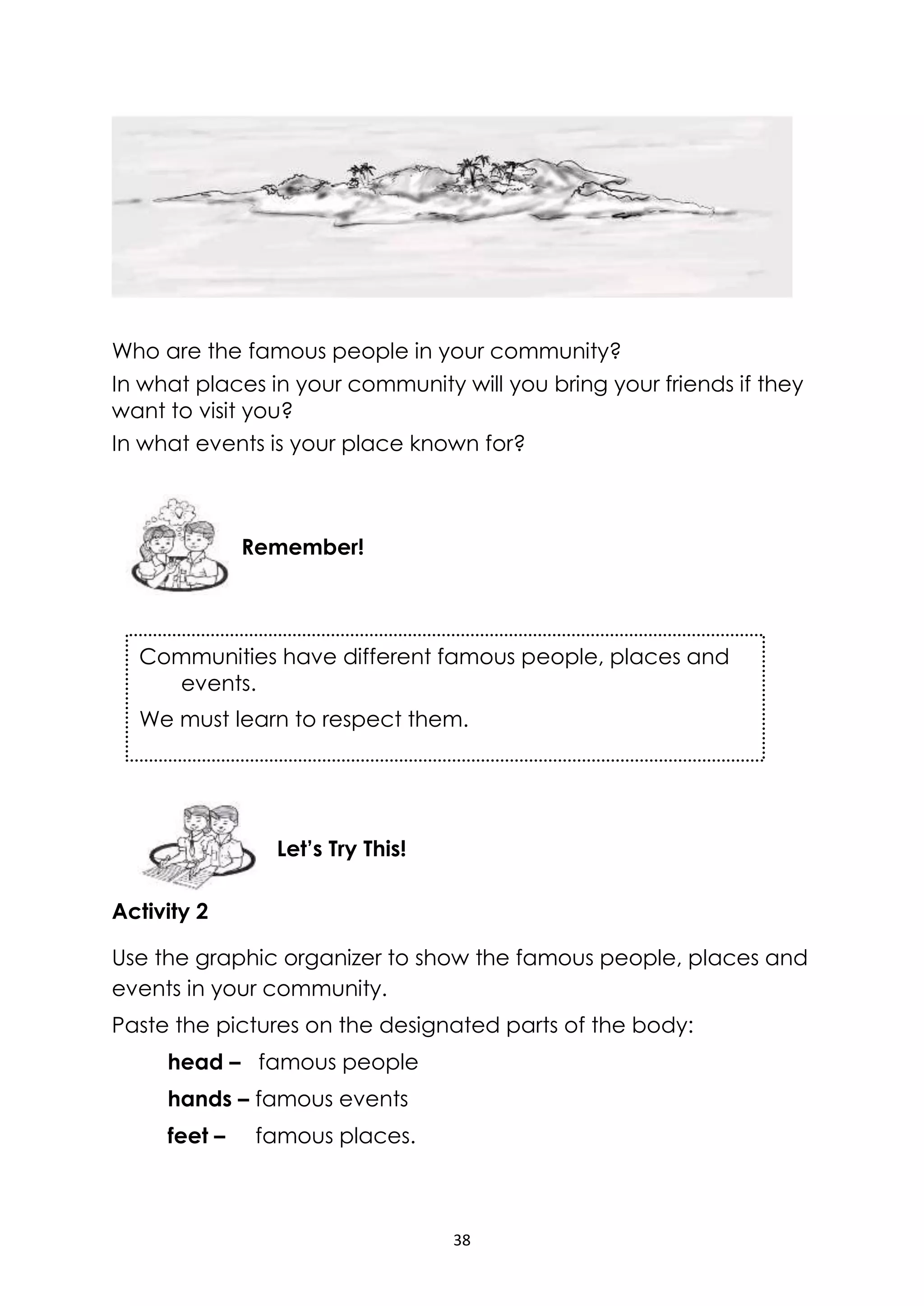 38
Who are the famous people in your community?
In what places in your community will you bring your friends if they
want to visit you?
In what events is your place known for?
Activity 2
Use the graphic organizer to show the famous people, places and
events in your community.
Paste the pictures on the designated parts of the body:
head – famous people
hands – famous events
feet – famous places.
Let’s Try This!
Remember!
Communities have different famous people, places and
events.
We must learn to respect them.
 