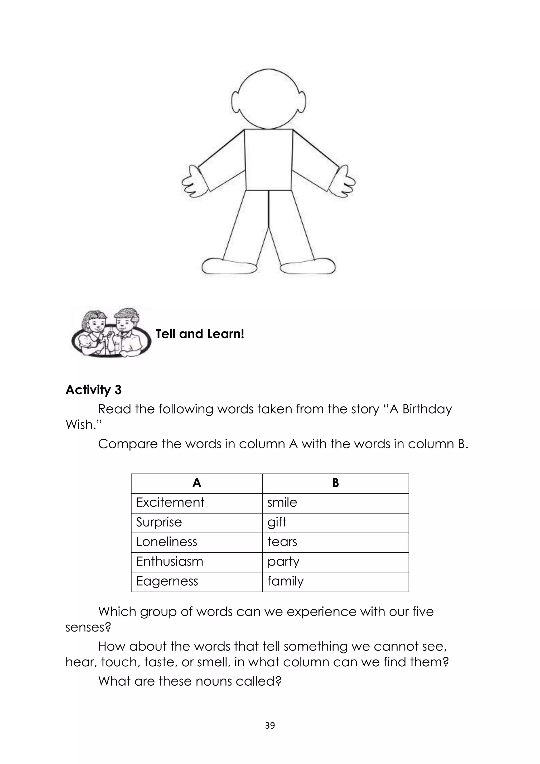39
Activity 3
Read the following words taken from the story “A Birthday
Wish.”
Compare the words in column A with the words in column B.
A B
Excitement smile
Surprise gift
Loneliness tears
Enthusiasm party
Eagerness family
Which group of words can we experience with our five
senses?
How about the words that tell something we cannot see,
hear, touch, taste, or smell, in what column can we find them?
What are these nouns called?
Tell and Learn!
 