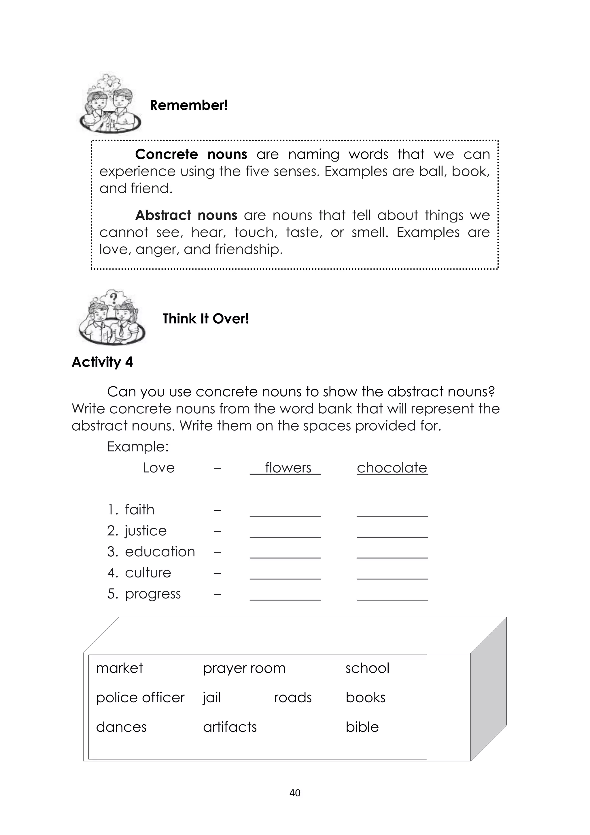 40
Activity 4
Can you use concrete nouns to show the abstract nouns?
Write concrete nouns from the word bank that will represent the
abstract nouns. Write them on the spaces provided for.
Example:
Love – flowers chocolate
1. faith –
2. justice –
3. education –
4. culture –
5. progress –
Think It Over!
Remember!
Concrete nouns are naming words that we can
experience using the five senses. Examples are ball, book,
and friend.
Abstract nouns are nouns that tell about things we
cannot see, hear, touch, taste, or smell. Examples are
love, anger, and friendship.
market prayer room school
police officer jail roads books
dances artifacts bible
 