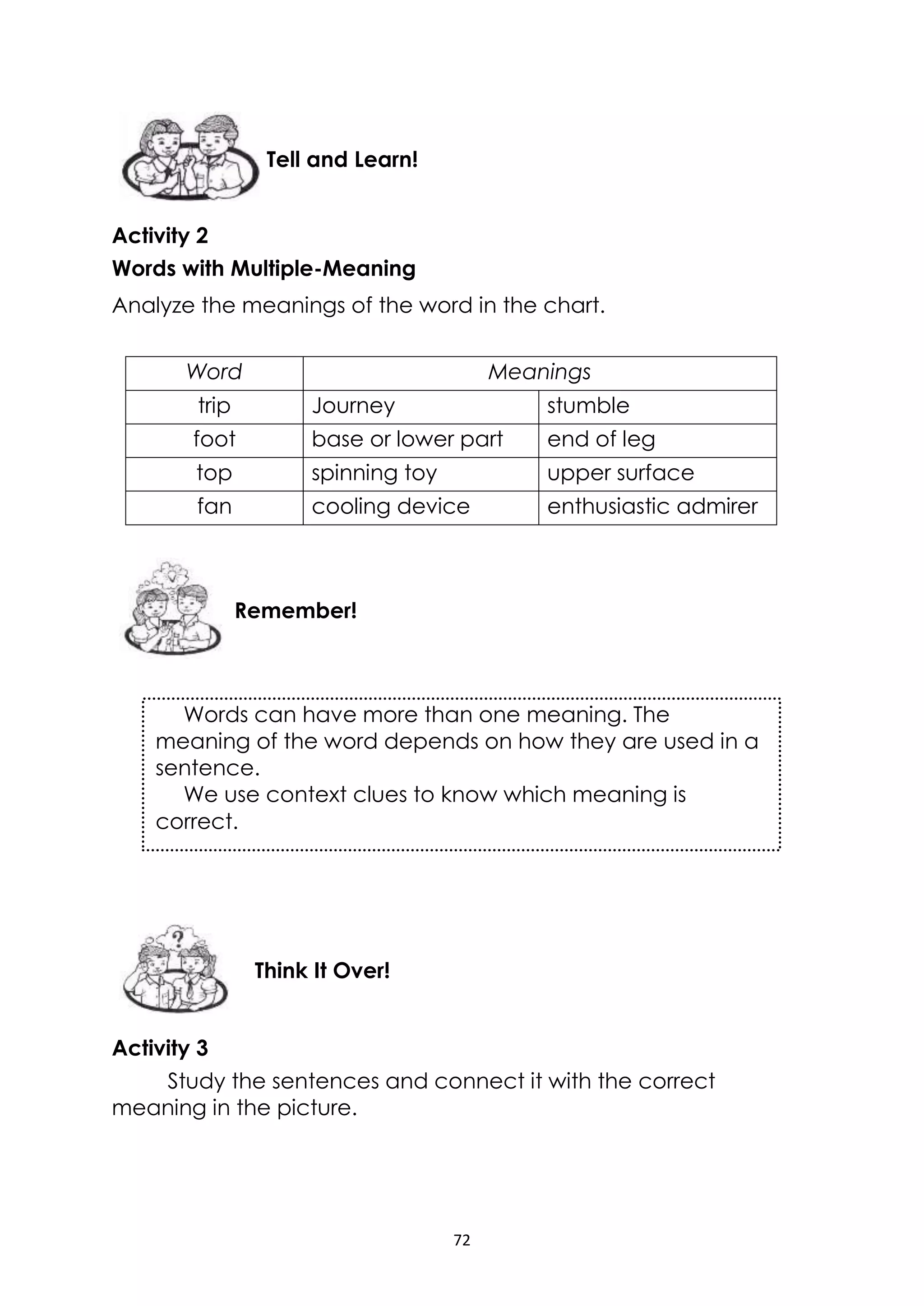 72
Activity 2
Words with Multiple-Meaning
Analyze the meanings of the word in the chart.
Word Meanings
trip Journey stumble
foot base or lower part end of leg
top spinning toy upper surface
fan cooling device enthusiastic admirer
Activity 3
Study the sentences and connect it with the correct
meaning in the picture.
Think It Over!
Remember!
Tell and Learn!
Words can have more than one meaning. The
meaning of the word depends on how they are used in a
sentence.
We use context clues to know which meaning is
correct.
 