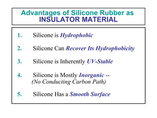 Advantages of Silicone Rubber as
INSULATOR MATERIAL
4. Silicone is Mostly Inorganic --
(No Conducting Carbon Path)
3. Silicone is Inherently UV-Stable
2. Silicone Can Recover Its Hydrophobicity
1. Silicone is Hydrophobic
5. Silicone Has a Smooth Surface
 