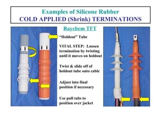 Examples of Silicone Rubber
COLD APPLIED (Shrink) TERMINATIONS
Raychem TFT
Twist & slide off of
holdout tube onto cable
“Holdout” Tube
Adjust into final
position if necessary
Use pull tabs to
position over jacket
VITAL STEP: Loosen
termination by twisting
until it moves on holdout
 