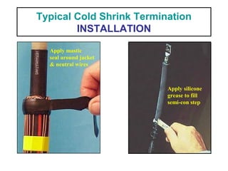 Typical Cold Shrink Termination
INSTALLATION
Apply mastic
seal around jacket
& neutral wires
Apply silicone
grease to fill
semi-con step
 