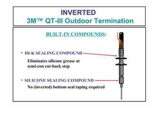 INVERTED
3M™ QT-III Outdoor Termination
• SILICONE SEALING COMPOUND
No (inverted) bottom seal taping required
Eliminates silicone grease at
semi-con cut-back step
• HI-K SEALING COMPOUND
BUILT-IN COMPOUNDS:
 