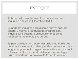 ENFOQUE

• Se basa en los planteamientos conocidos como
  lingüística estructural(Bloomfield,1933)

• Cuando los lingüistas descubrieron nuevos tipos de
  sonidos y nuevas estructuras de organización
  lingüística, se desarrolló un nuevo interés por la
  fonética, la morfología y la sintaxis.

• Se pensaba que para aprender un idioma había que
  conocer los elementos o bloques de construcción de la
  lengua y aprender las reglas que se utilizaban para unir
  estos elementos, partiendo del fonema para llegar
  hasta el morfema, la palabra, la frase y la oración.
 