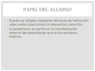 PAPEL DEL ALUMNO

• Puede ser dirigido mediante técnicas de formación
  adecuadas para producir respuestas correctas.
• La enseñanza se centra en la manifestación
  externa del aprendizaje que en los procesos
  internos.
 