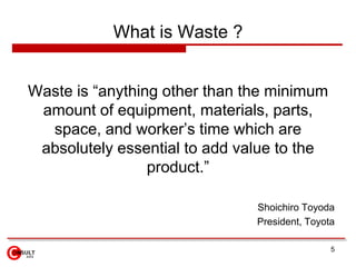 What is Waste ?


Waste is “anything other than the minimum
 amount of equipment, materials, parts,
  space, and worker’s time which are
 absolutely essential to add value to the
                 product.”

                               Shoichiro Toyoda
                               President, Toyota

                                               5
 