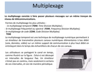 Formes de multiplexage les plus utilisées :
- le multiplexage temporel (TDM, Time Division Multiplex) ;
- le multiplexage fréquentiel ou spectral (FDM, Frequency Division Multiplex);
- le multiplexage de code (CDM, Code Division Multiplex).
Multiplexage
TDM
Le multiplexage temporel est une technique de multiplexage numérique permettant à
un émetteur de transmettre plusieurs canaux numériques élémentaires à bas débit
(voix, données, vidéo) sur un même support de communication à plus haut débit en
entrelaçant dans le temps des échantillons de chacun de ces canaux.
Les utilisateurs se partagent le canal en temps,
comme illustré sur la figure . Celui-ci est découpé
en intervalles de longueur fixe. Un émetteur
n'émet pas en continu, mais seulement à certains
de ces intervalles, et ceci de manière périodique.
Le multiplexage consiste à faire passer plusieurs messages sur un même tronçon du
réseau de télécommunications.
 