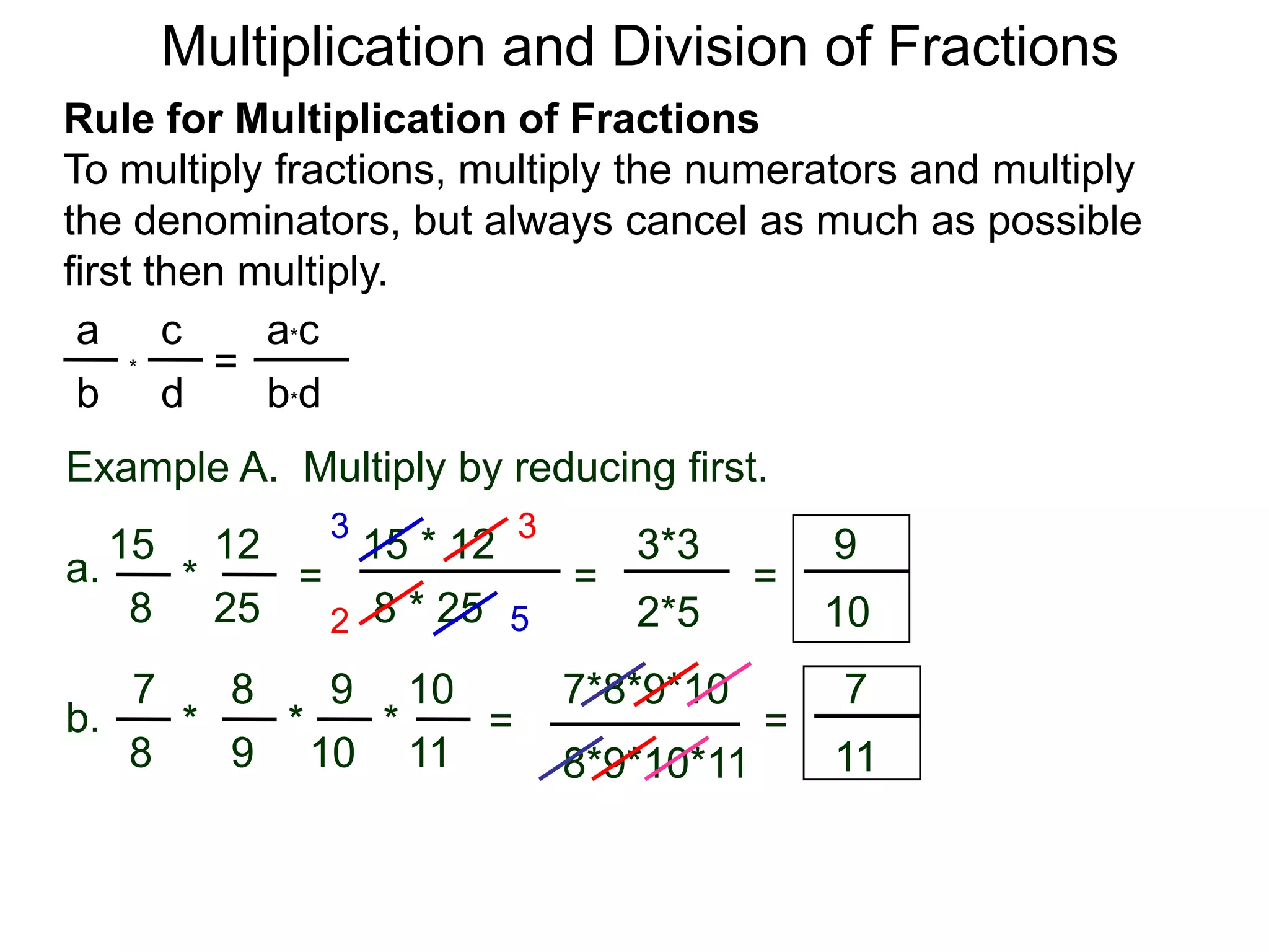 Multiplication and Division of FractionsRule for Multiplication of FractionsTo multiply fractions, multiply the numerators and multiply the denominators, but always cancel as much as possible first then multiply.ca*ca=*db*dbExample A.  Multiply by reducing first.3315 * 12121593*3a.=*== 8 * 25258102*5527*8*9*10871097b.***==981110118*9*10*11