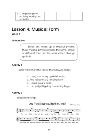 15 
 
5. Can participate
actively in all group
activities
 
Lesson 4: Musical Form
Week 4
Introduction
Activity 1
Pupils will identify the title of the following songs.
a. …ang mamatay ng dahil sa‘yo.
b. Ang bayan ko’y tanging ikaw
c. …dala-dala’y buslo
d. …sa paligid-ligid ay maraming linga.
Activity 2
Suggested songs:
Songs are made up of musical phrases.
These musical phrases can be the same, similar,
or different that can be represented through
symbols.
 