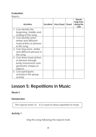 18 
 
Evaluation
Rubrics
Activities Excellent Very Good Good
Needs
help from
doing the
task
1. Can identify the
beginning, middle and
ending of the song
2. Can identify same,
similar and different
musical lines or phrases
in the song
3. Can sing same, similar
and different phrases in
the song
4. Can show musical lines
or phrases through
body movements and
geometric shapes or
objects
5. Can participate
actively in the group
activity
Lesson 5: Repetitions in Music
Week 5
Introduction
Activity 1
Sing the song following the repeat mark.
The repeat mark ( II: :II ) is used to show repetition in music.
 