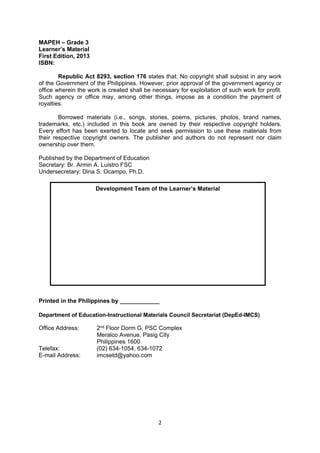 2 
 
MAPEH – Grade 3
Learner’s Material
First Edition, 2013
ISBN:
Republic Act 8293, section 176 states that: No copyright shall subsist in any work
of the Government of the Philippines. However, prior approval of the government agency or
office wherein the work is created shall be necessary for exploitation of such work for profit.
Such agency or office may, among other things, impose as a condition the payment of
royalties.
Borrowed materials (i.e., songs, stories, poems, pictures, photos, brand names,
trademarks, etc.) included in this book are owned by their respective copyright holders.
Every effort has been exerted to locate and seek permission to use these materials from
their respective copyright owners. The publisher and authors do not represent nor claim
ownership over them.
Published by the Department of Education
Secretary: Br. Armin A. Luistro FSC
Undersecretary: Dina S. Ocampo, Ph.D.
Printed in the Philippines by ____________
Department of Education-Instructional Materials Council Secretariat (DepEd-IMCS)
Office Address: 2nd Floor Dorm G, PSC Complex
Meralco Avenue, Pasig City
Philippines 1600
Telefax: (02) 634-1054, 634-1072
E-mail Address: imcsetd@yahoo.com
Development Team of the Learner’s Material
 