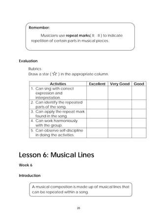 20 
 
Evaluation
Rubrics
Draw a star ( ) in the appropriate column.
Lesson 6: Musical Lines
Week 6
Introduction
Activities Excellent Very Good Good
1. Can sing with correct
expression and
interpretation.
2. Can identify the repeated
parts of the song.
3. Can apply the repeat mark
found in the song.
4. Can work harmoniously
with the group.
5. Can observe self-discipline
in doing the activities.
Remember:
Musicians use repeat marks( II: :II ) to indicate
repetition of certain parts in musical pieces.
A musical composition is made up of musical lines that
can be repeated within a song.
 
