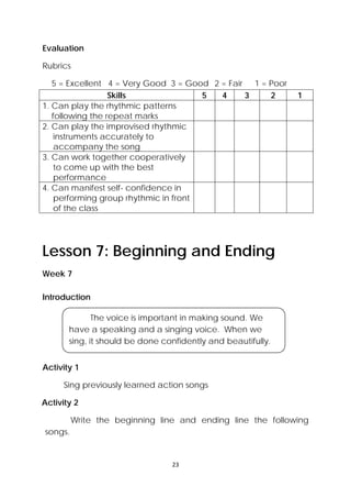 23 
 
Evaluation
Rubrics
5 = Excellent 4 = Very Good 3 = Good 2 = Fair 1 = Poor
Skills 5 4 3 2 1
1. Can play the rhythmic patterns
following the repeat marks
2. Can play the improvised rhythmic
instruments accurately to
accompany the song
3. Can work together cooperatively
to come up with the best
performance
4. Can manifest self- confidence in
performing group rhythmic in front
of the class
Lesson 7: Beginning and Ending
Week 7
Introduction
Activity 1
Sing previously learned action songs
Activity 2
Write the beginning line and ending line the following
songs.
The voice is important in making sound. We
have a speaking and a singing voice. When we
sing, it should be done confidently and beautifully.  
 