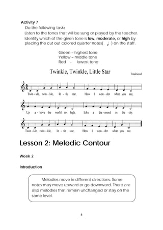 8 
 
Activity 7
Do the following tasks
Listen to the tones that will be sung or played by the teacher.
Identify which of the given tone is low, moderate, or high by
placing the cut out colored quarter notes( ) on the staff.
Green – highest tone
Yellow – middle tone
Red - lowest tone
Lesson 2: Melodic Contour
Week 2
Introduction
Melodies move in different directions. Some
notes may move upward or go downward. There are
also melodies that remain unchanged or stay on the
same level.
 