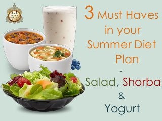 3 Must Haves
in your
Summer Diet
Plan
-
Salad, Shorba
Yogurt
&
 