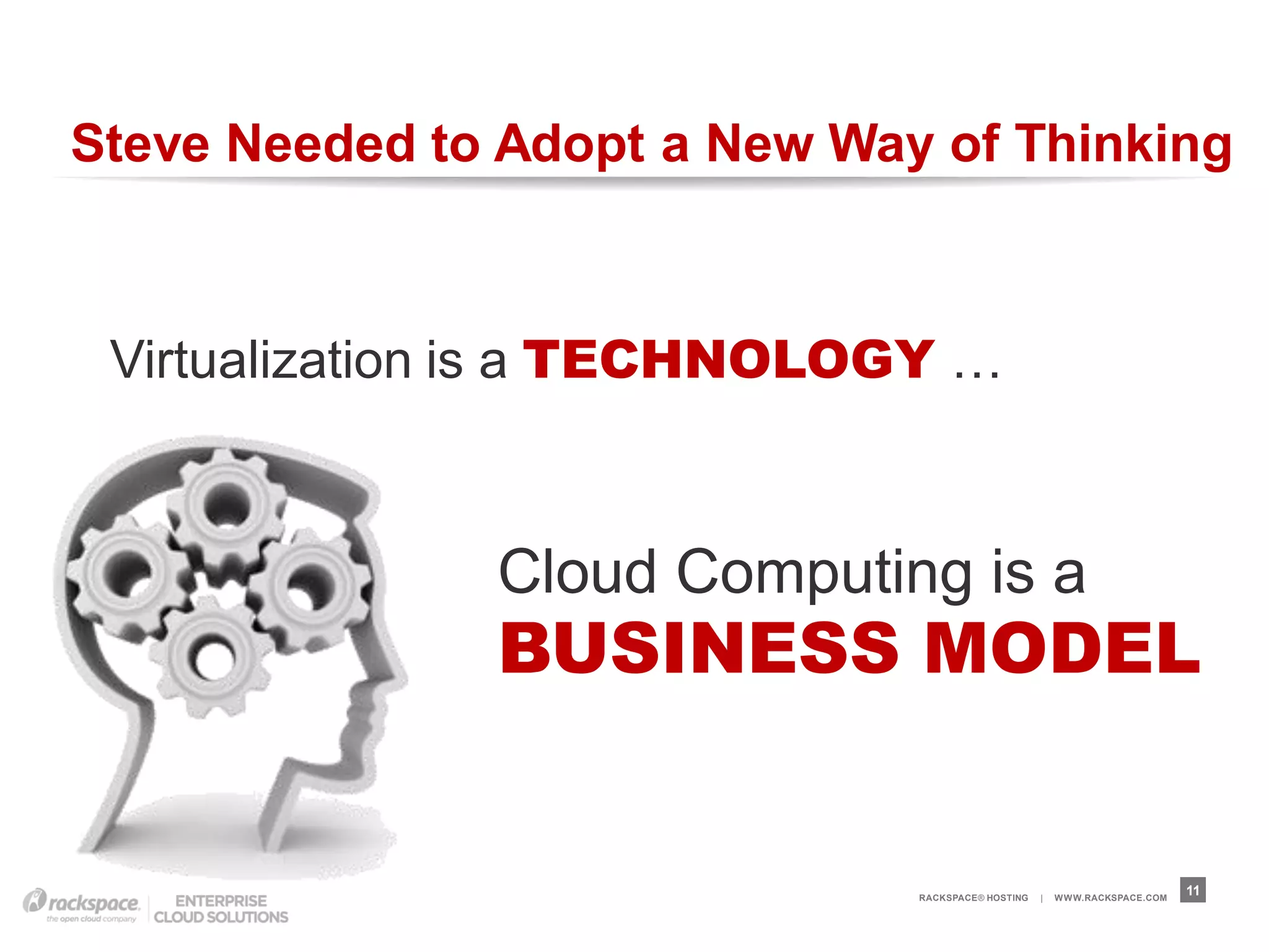 Steve Needed to Adopt a New Way of Thinking



 Virtualization is a TECHNOLOGY …



               Cloud Computing is a
               BUSINESS MODEL


                               RACKSPACE® HOSTING   |   W W W.RACKSPACE.COM
                                                                              11
 