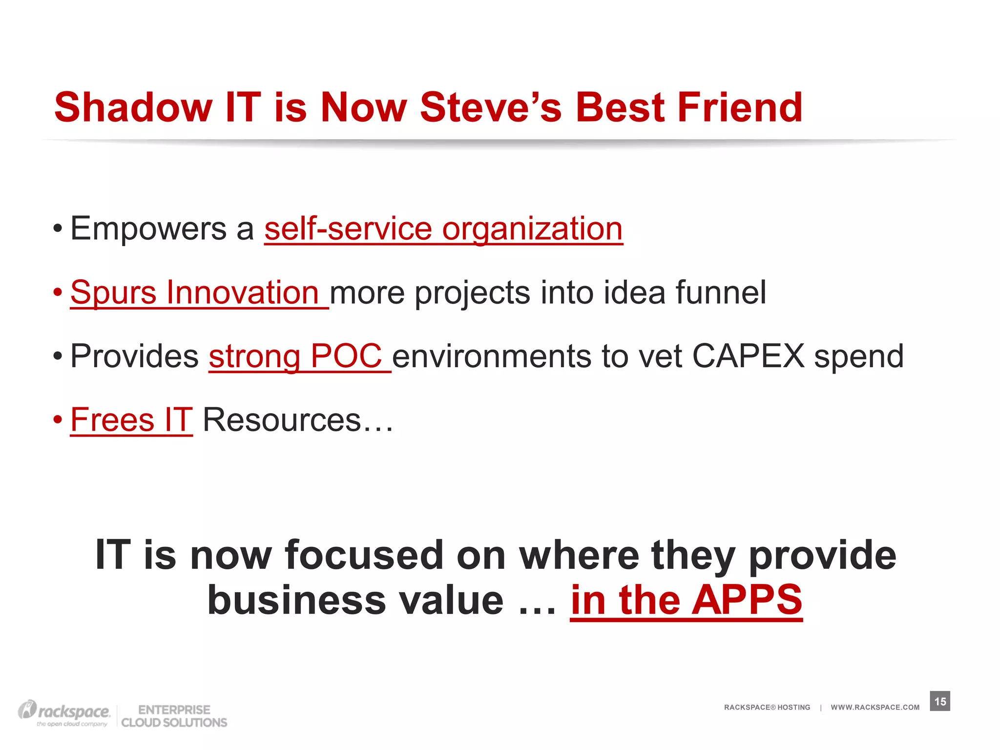 Shadow IT is Now Steve’s Best Friend

• Empowers a self-service organization
• Spurs Innovation more projects into idea funnel
• Provides strong POC environments to vet CAPEX spend
• Frees IT Resources…



  IT is now focused on where they provide
         business value … in the APPS

                                              RACKSPACE® HOSTING   |   W W W.RACKSPACE.COM
                                                                                             15
 