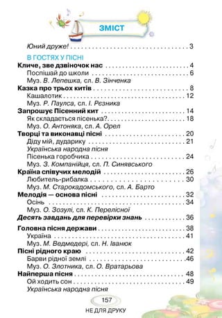 зміст
Юнийдруже!................................................................................. 3
В ГОСТЯХ У ПІСНІ
кличе, зве дзвіночок н а с ...........................................................4
Поспішай до школи....................................................................6
Муз. В. Лепешка, сл. В. Зінченка
казка про трьох ки тів................................................................... 8
Кашалотик......................................................................................12
Муз. Р. Паулса, сл. І. Рєзника
запрошує Пісенний к и т ...........................................................14
Як складається пісенька?.......................................................18
Муз. О. Антоняка, сл. А. Орел
Творці та виконавці п іс н і........................................................20
Діду мій, дударику....................................................................21
Українська народна пісня
Пісенька горобчика..................................................................24
Муз. З. Компанійця, сл. П. Синявського
країна співучих м ел о д ій ......................................................... 26
Любитель-рибалка...................................................................30
Муз. М. Старокадомського, сл. А. Барто
Мелодія —основа пісні ...........................................................32
Осінь ................................................................................................34
Муз. О. Зозулі, сл. К. Перелісної
Десять завдань для перевірки знань............................ 36
Головна пісня держ ави.............................................................38
Україна............................................................................................41
Муз. М. Ведмедері, сл. Н. Іванюк
Пісні рідного краю ......................................................................42
Барви рідної зе м л і................................................................... 46
Муз. О. Злотника, сл. О. Вратарьова
найперша п існя..............................................................................48
Ой ходить сон.............................................................................. 49
Українська народна пісня
157
НЕДЛЯ ДРУКУ
 