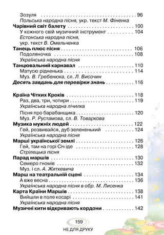 Зозуля ......................................................................................... 96
Польська народна пісня, укр. текст М. Фіненка
Чарівний світ б а л е ту ...............................................................100
У кожного свій музичний інструмент......................... 104
Естонська народна пісня,
укр. текст В. Омельченка
танець плюс п існя.....................................................................106
Подоляночка .......................................................................... 108
Українська народна пісня
танцювальний карнавал .....................................................110
Матусю рідненька...................................................................114
Муз. В. Гребенюка, сл. Л. Височин
Десять завдань для перевірки знань...........................116
країна Чітких к р о к ів ................................................................118
Раз, два, три, чотири.............................................................119
Українська народна лічилка
Пісня про барабанщика.......................................................120
Муз. Р. Рустамова, сл. В. Товаркова
Музика мужніх лю дей .............................................................122
Гей, розвивайся, дуб зелененький ........................... 124
Українська народна пісня
Марші української зе м л і....................................................... 126
Гей, там на горі Січ іде ....................................................... 128
Стрілецька пісня
Парад м ар ш ів...............................................................................130
Семеро гномів.........................................................................132
Муз. і сл. А. Житкевича
Марш на театральній с ц е н і................................................134
А вже весна.................................................................................136
Українська народна пісня в обр. М. Лисенка
карта країни М аршів...............................................................138
Вийшли в поле косарі.......................................................... 141
Українська народна пісня
Музичні кити відкривають кордони..............................142
159
НЕ ДЛЯ ДРУКУ
 