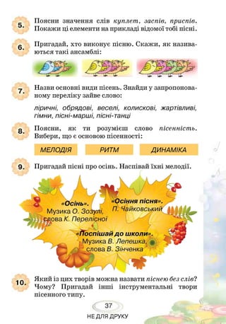 5.
Поясни значення слів куплет, заспів, приспів.
Покажи ці елементи на прикладі відомої тобі пісні.
6.
Пригадай, хто виконує пісню. Скажи, як назива­
ються такі ансамблі:
7.
Назви основні види пісень. Знайди у запропонова­
ному переліку зайве слово:
ліричні, обрядові, веселі, колискові, жартівливі,
гімни, пісні-марші, пісні-танці
Поясни, як ти розумієш слово пісенність.
Вибери, що є основою пісенності:
МЕЛОДІЯ РИТМ ДИНАМІКА
сіння пісня»
Чайковський
«Осінь».
Музика О. Зозулі,
лова К. Перелісної
Юспішаи до школи».
Музика В. Лепешка, •
слова В. Зінченка
9. Пригадай пісні про осінь. Наспівай їхні мелодії.
Який із цих творів можна назвати піснею без слів?
" Чому? Пригадай інші інструментальні твори
пісенного типу.
37
НЕДЛЯ ДРУКУ
 