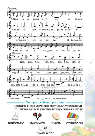 Помірно
і м ^ ь і> і?
£■»—
1. В од- ну мо- роз-ну ти- ху ніч, як па- дав
г ^ — % Ч— 1к--- —
« —е л ,— 4 ь-------
л Е ь '» - і
а
сніг ла- па- тии, зі- йшлись зві- ря-тка лі-со- ві
г ± — N і--- * — ,----51
т
л ,— « 4 ------ « = Ь і 4 4
= И
з Різд-вом у- сіх ві- та- ти. Зі- йшлись зві-
£
ря-тка лі- со- ві
Приспів:
і| 7 * т і
з Різд-вом у сіх ві- та- ти.
£
£Дінь, дінь, бом, бом, дінь, дінь, бом, бом, ко
г ? — 9----
ш
----9 — т_____4 — 6 — 9Е*-------т ? = = ------- 4 ^
£
II. ит
55
£
дінь, бом, бом, ві- та- є- мо з Різд-вом. Дінь, // та- є-
Для закінчення
ГШ— ----- 1
9 1
ГМ __4 1
у-і> - 1
щ) 9 -&1 1».
з Різд-вом. 2. Трем- // та- є- мо з Різд-вом.
П о п р а ц ю и м о р а з о м!
Співайте пісню урочисто і святково. Супроводжуй­
те приспів грою на ударних інструментах на вибір:
ТРИКУТНИК МАРАКАСИ БУБОН КСИЛОФОН
69
НЕДЛЯ ДРУКУ
 