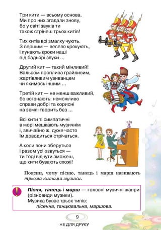 Три кити — всьому основа.
Ми про них згадали знову,
бо у світі звуків ти
також стрінеш трьох китів!
Тих китів всі змалку чують.
З першим — весело крокують,
і лунають кроки наші
під бадьорі звуки ...
Другий кит — такий мінливий!
Вальсом проплива грайливим,
жартівливим увиванцем
чи якимось іншим ...
Третій кит — не менш важливий,
бо всі знають: неможливо
справи добрі та корисні
на землі творить без ...
Всі кити ті симпатичні
в морі мешкають музичнім
і, звичайно ж, дуже часто
їм доводиться стрічаться.
А коли вони зберуться
і разом усі озвуться —
ти тоді відчути зможеш,
що кити бувають схожі!
Поясни, чому пісню, танець і марш називають
трьома китами музики.
О
Пісня, танець і марш — головні музичні жанри
(різновиди музики).
Музика буває трьох типів:
пісенна, танцювальна, маршова.
9
НЕДЛЯ ДРУКУ
 