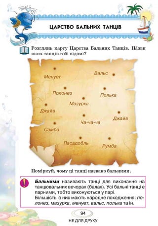 ш
ЦАРСТВО БАЛЬНИХ ТАНЦІВ
Розглянь карту Царства Бальних Танців. Назви
яких танців тобі відомі?
»
Менует
Вальс
Полонез Полька
Мазурка
Джайв
Самба
Ча-ча-ча
Джайв
Пасадобль
Румба
Поміркуй, чому ці танці названо бальними.
О
Бальними називають танці для виконання на
танцювальних вечорах (балах). Усі бальні танці є
парними, тобто виконуються у парі.
Більшість із них мають народне походження: по­
лонез, мазурка, менует, вальс, полька та ін.
94
НЕДЛЯ ДРУКУ
 